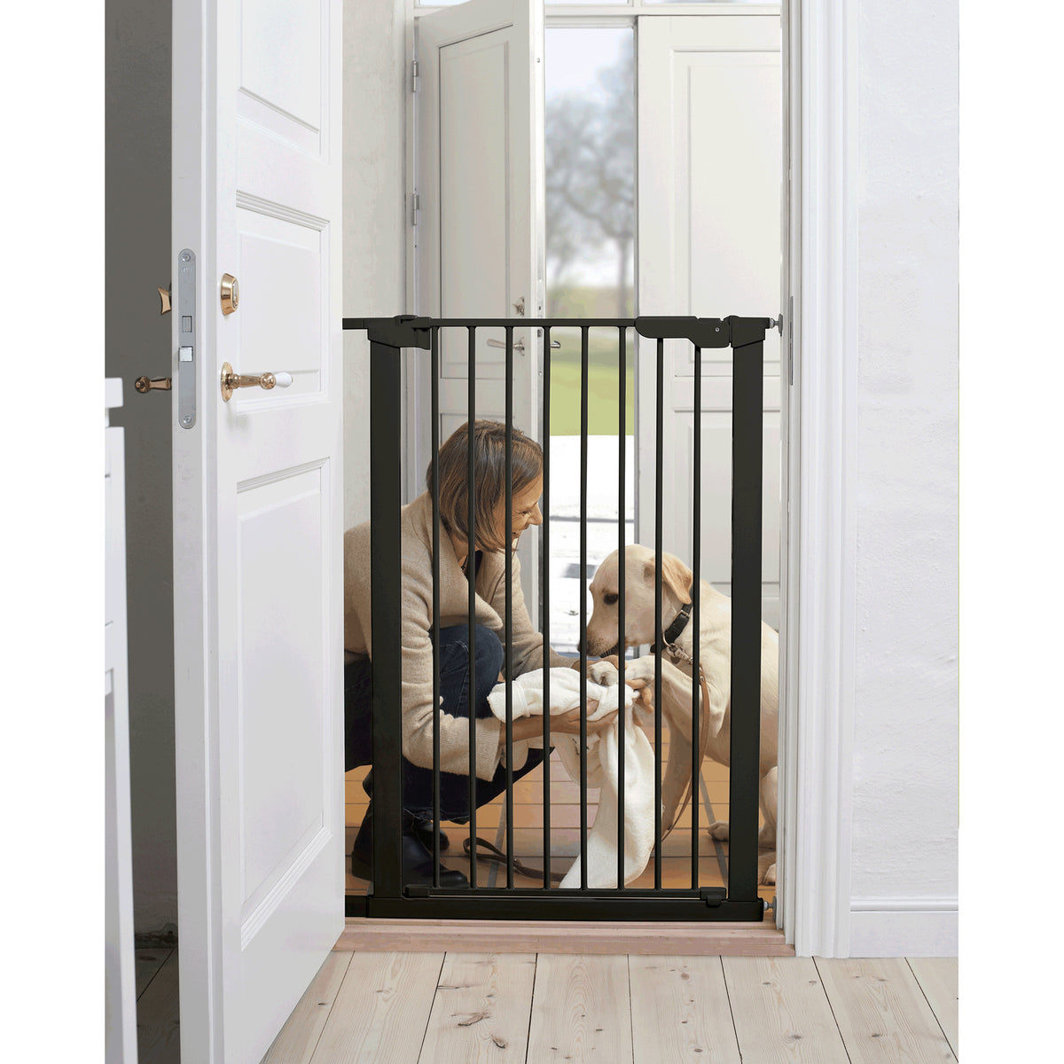 BabyDan Scandinavian Pet Design Premier Extra Tall 31 Inch Pressure Mounted Pet Safety Gate, BlackBabyDan Scandinavian Pet Design Premier Extra Tall 3" Pet Gate Extension, White (2 Pack)