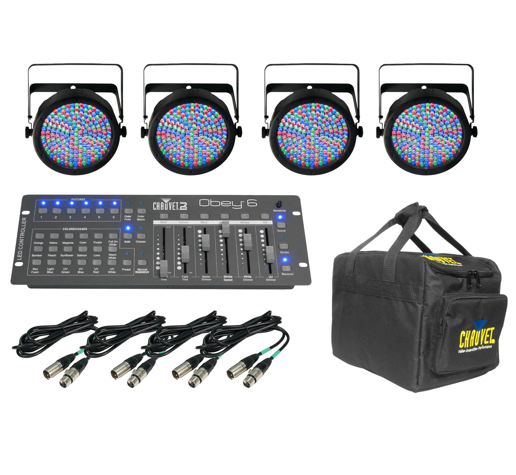 4 Chauvet SlimPar 64 LED Slim Par Can Lights w/ Obey 6 Controller, Case & Cables