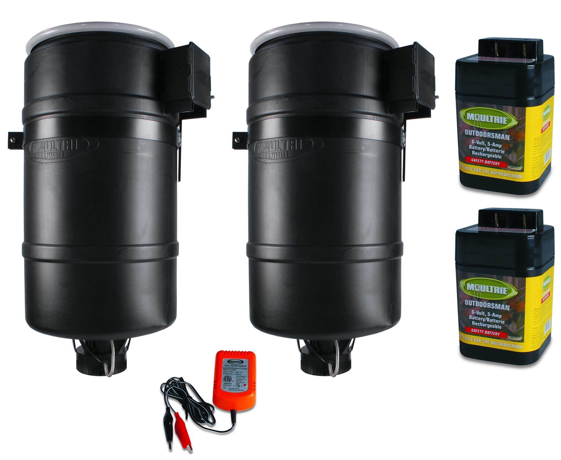 (2) MOULTRIE 30 Gallon FeedCaster Directional Fish Feeders + Batteries & Charger