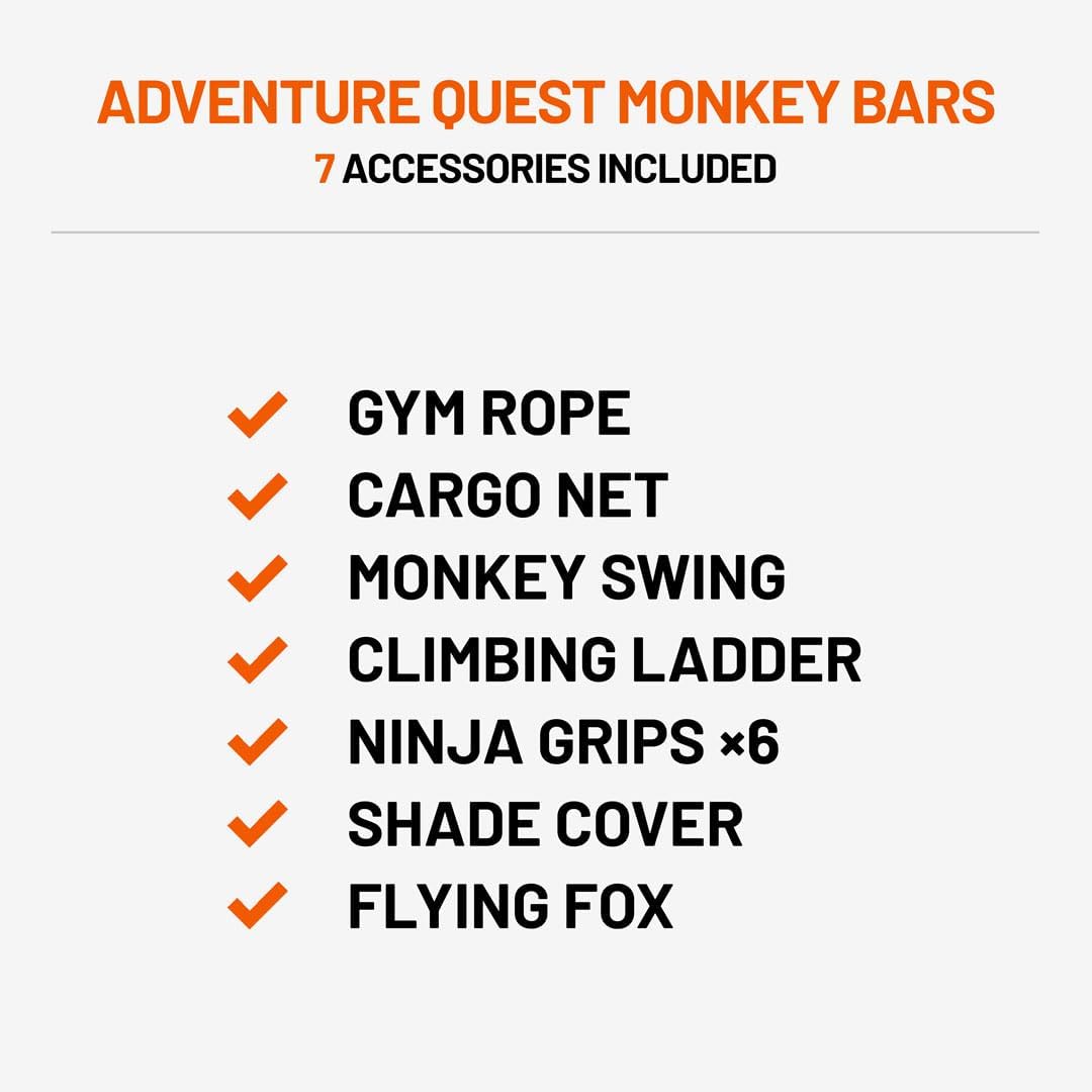 Monkey Bar Box A + Monkey Bar Box B + Monkey Bar Box C + Monkey Bar Box E (2 Pack) + Monkey Bar Box F (2 Pack) + Monkey Bar Box H + Quest Shade Cover (XL) + Cargo Net (XL/L) + Gym Rope + Monkey Swing + Climbing Ladder + Round Ninja Grips (set of 6) + Fl - VMInnovations