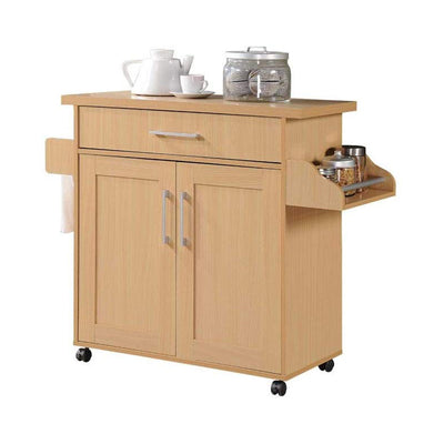 Hodedah Wheeled Kitchen Island with Large Spice Rack and Towel Holder, Beech