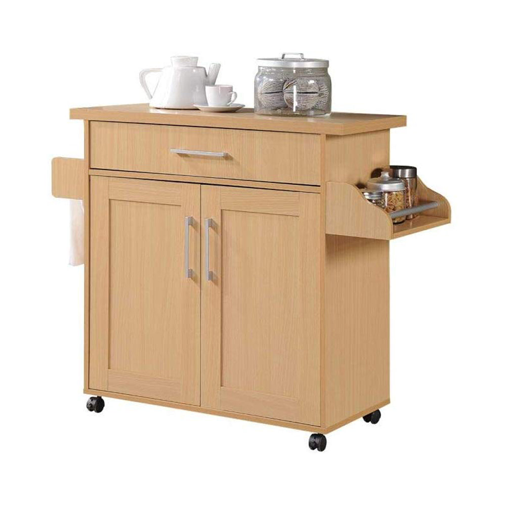 Hodedah Wheeled Kitchen Island with Large Spice Rack and Towel Holder, Beech - VMInnovations