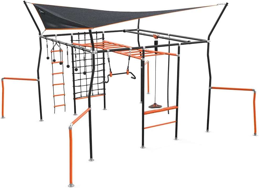 Monkey Bar Box A + Monkey Bar Box B + Monkey Bar Box C + Monkey Bar Box E (2 Pack) + Monkey Bar Box F (2 Pack) + Monkey Bar Box H + Quest Shade Cover (XL) + Cargo Net (XL/L) + Gym Rope + Monkey Swing + Climbing Ladder + Round Ninja Grips (set of 6) + Fl - VMInnovations