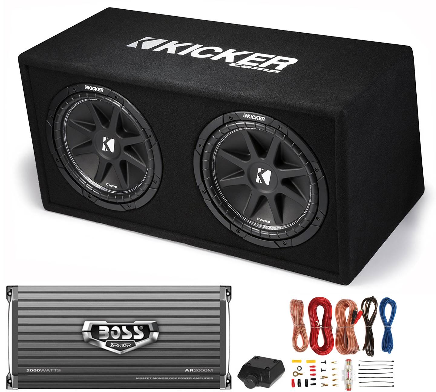 Kicker DC122 Dual 12" 600W Car Audio Subwoofers, Box, Boss 2000W Amp & Amp Kit
