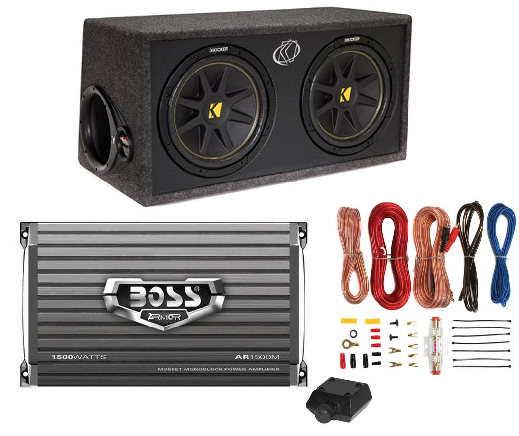 Kicker 43DC122 Dual 12" 600W Car Audio Subwoofers, Box, Boss 1500W Amp & Amp Kit