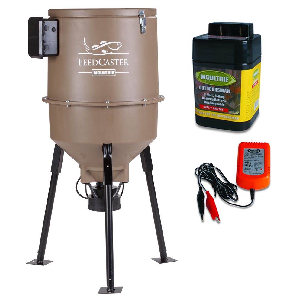 MOULTRIE 30 Gallon Feedcaster Pro Tripod Fish Feeder + 6 Volt Battery & Charger