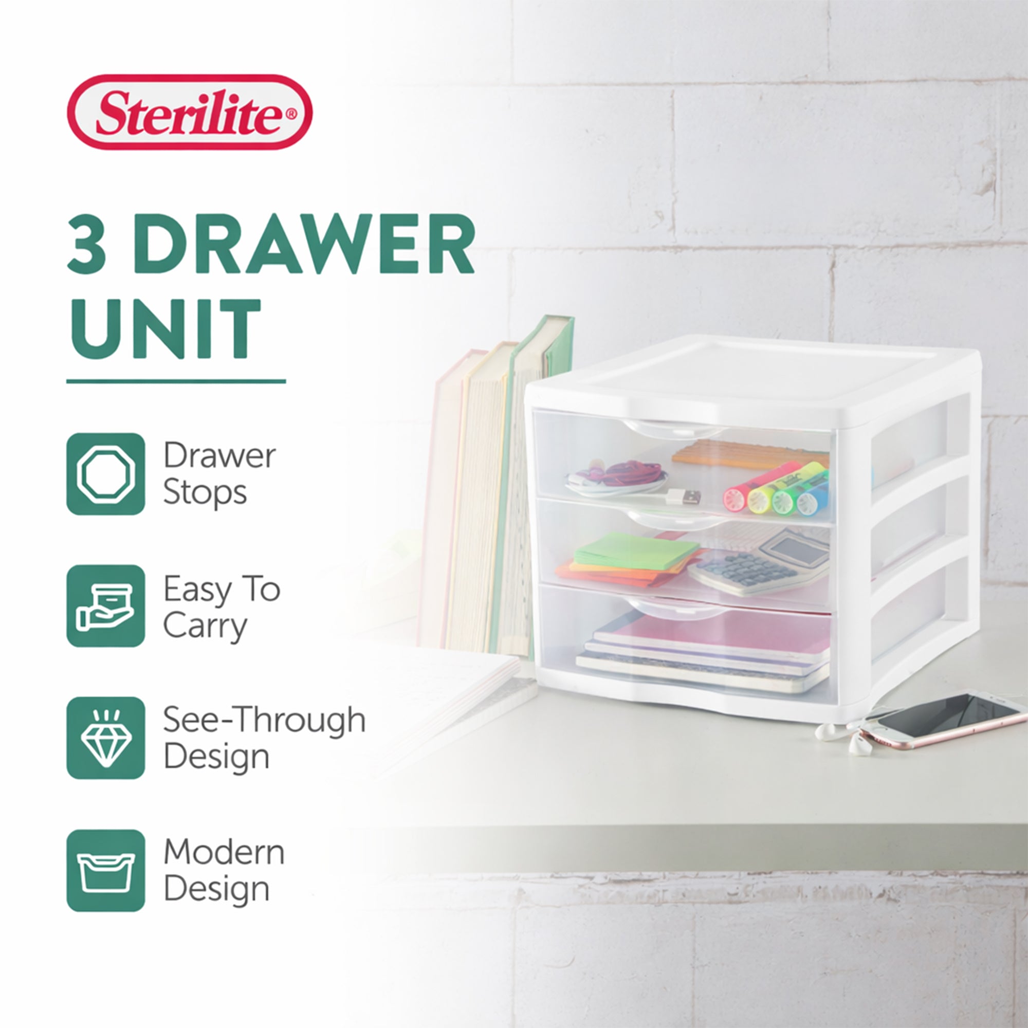 Sterilite ClearView Plastic Small 3 Drawer Desktop Storage Unit, White, 12 Pack - VMInnovations