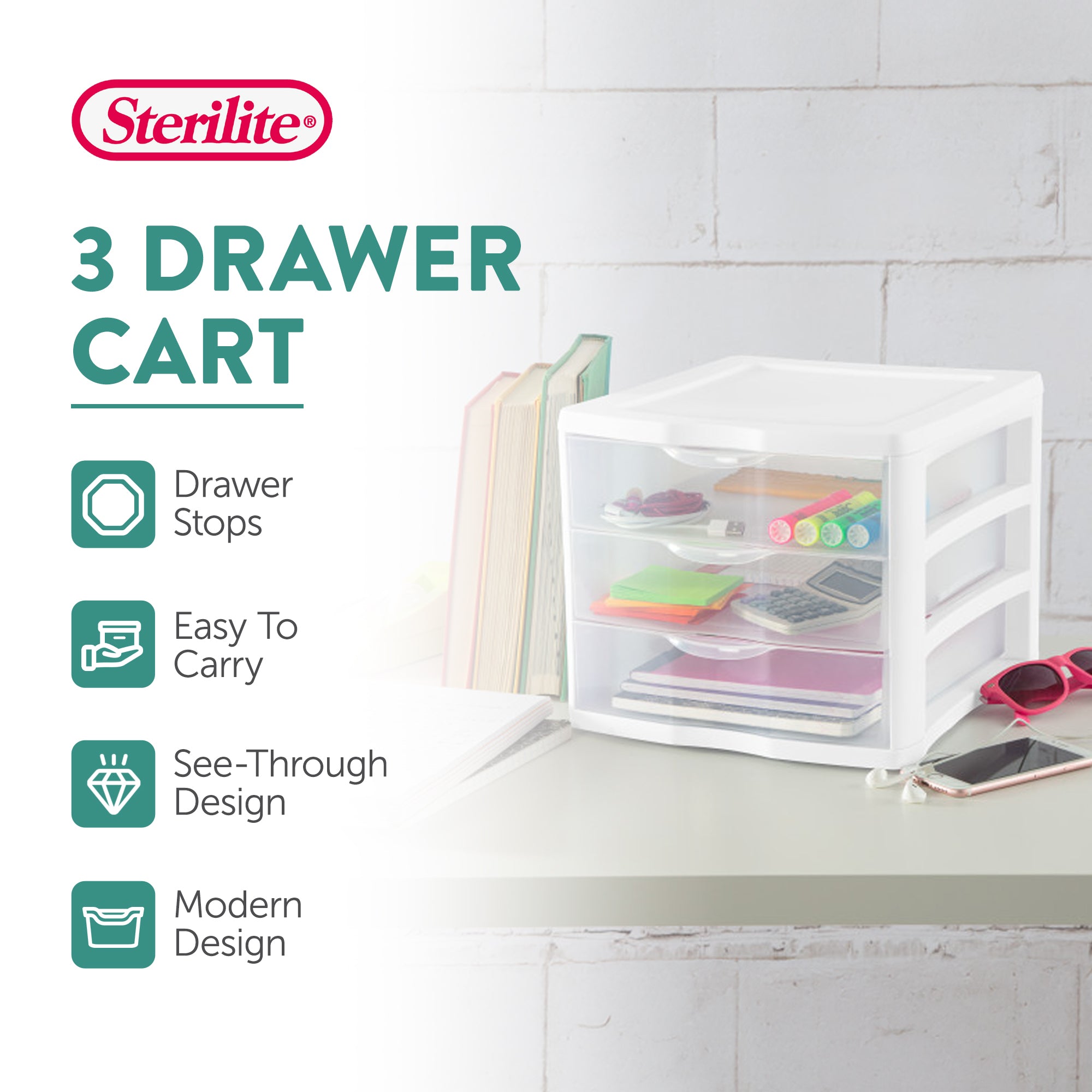 Sterilite ClearView Plastic Small 3 Drawer Desktop Storage Unit, White, 18 Pack