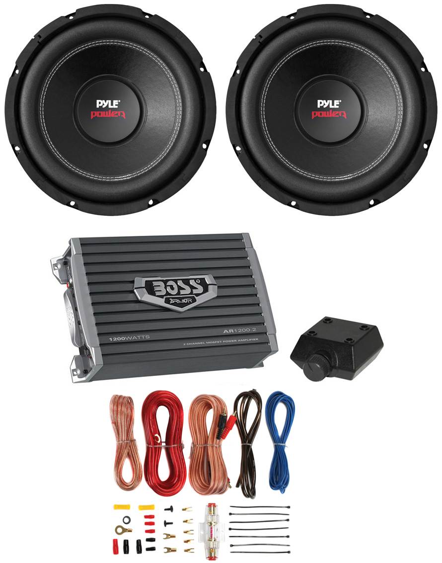 2) Pyle PLPW12D 12" 3200W Car Subwoofers Stereo Woofer, 2 Ch Amplifier & Amp Kit