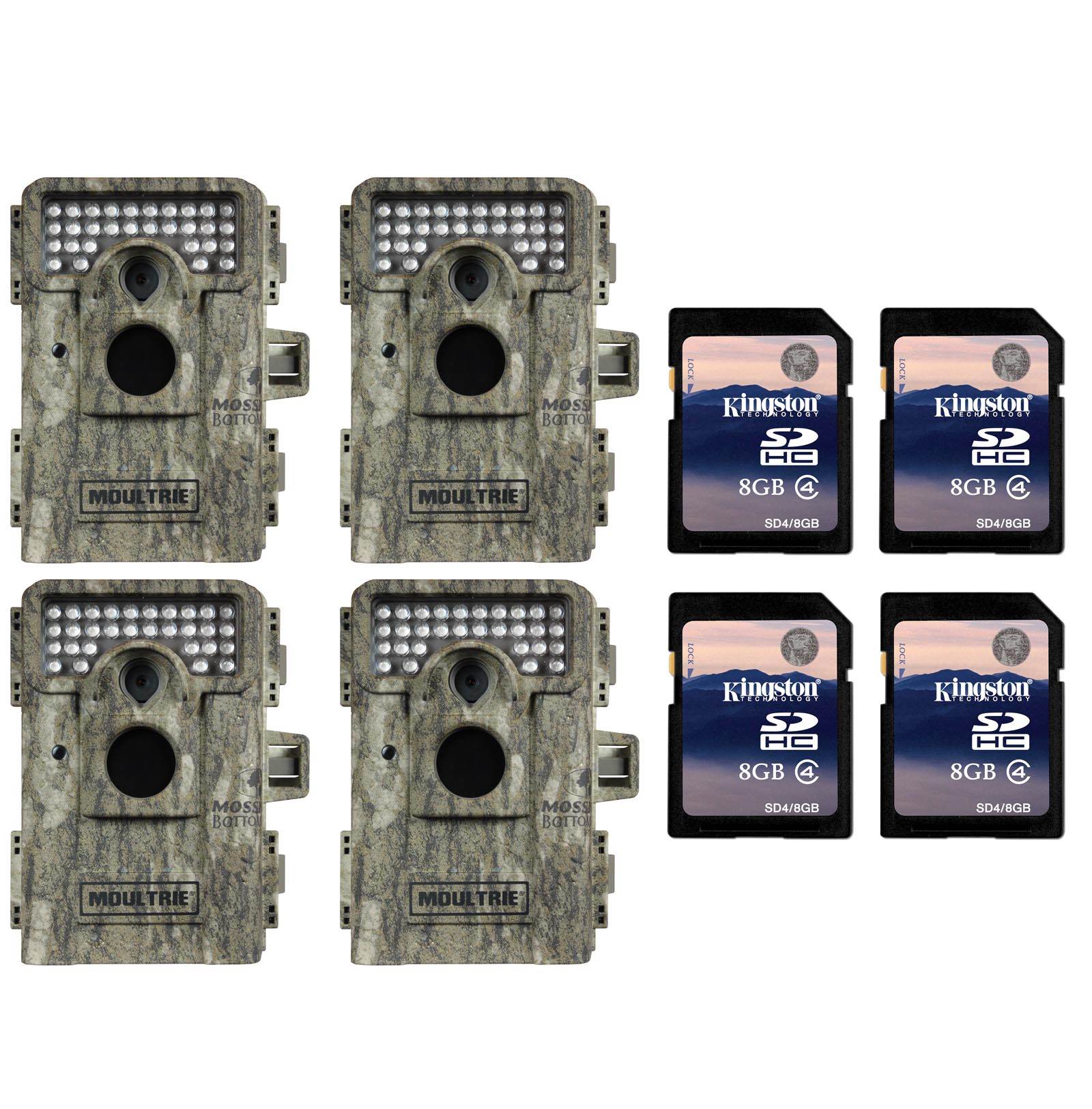 (4) MOULTRIE Game Spy M-880 Low Glow Infrared Digital Trail Cameras + SD Cards