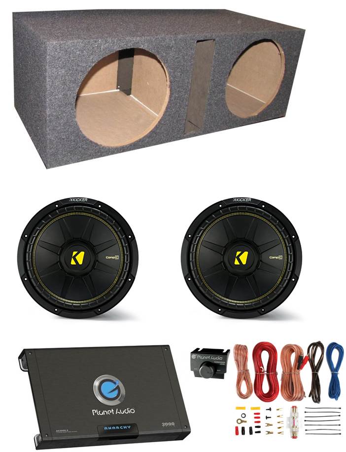 Kicker 44CWCS104 10" 1000W Car Subwoofers (2 Pack) & Sub Box Amplifier Kit