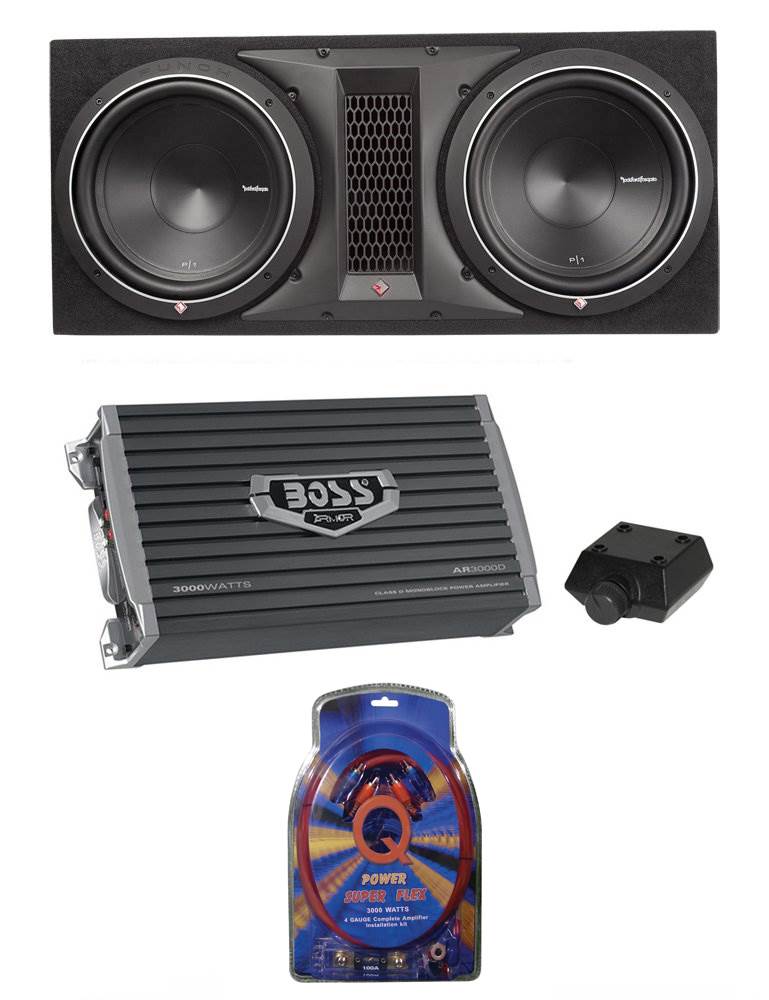 Rockford Fosgate P1-2X12 12" 1000W Dual Subwoofer + Box + 3000W Amp + Amp Kit