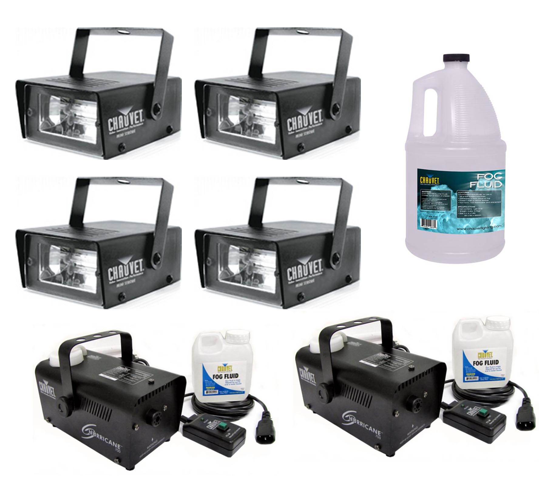 (4) CHAUVET CH-730 Mini Strobe Lights + (2) H-700 Fog Machines + FJU Fog Juice