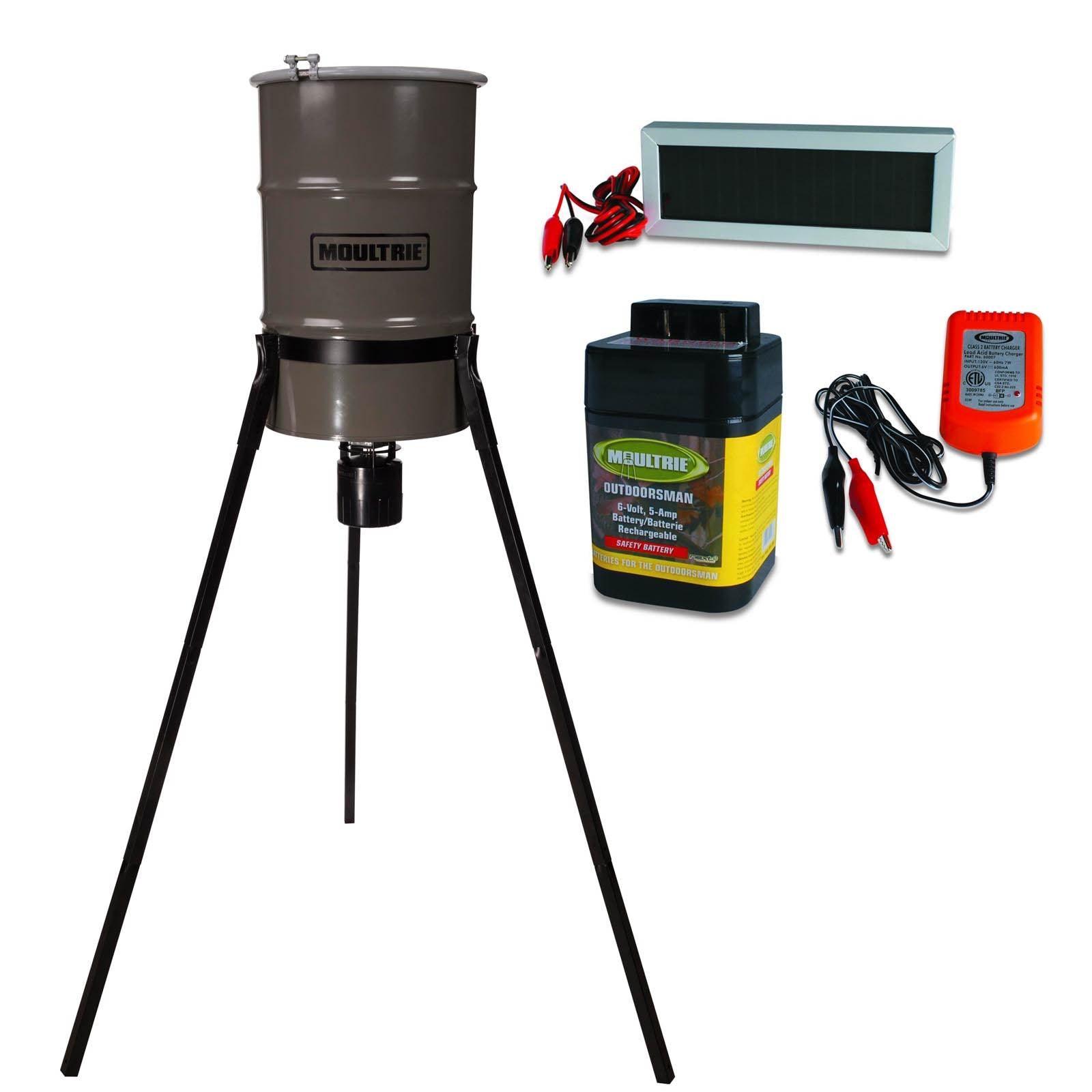 MOULTRIE Pro-Hunter Tripod Deer Feeder + Battery & Charger + Solar Panel, 30 gal