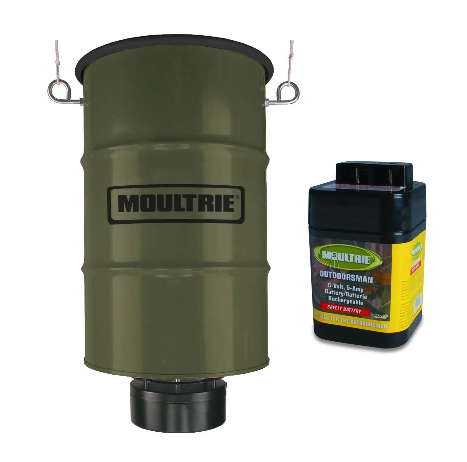 MOULTRIE 30 Gallon Pro Magnum 360° Hanging Metal Barrel Deer Feeder w/6V Battery