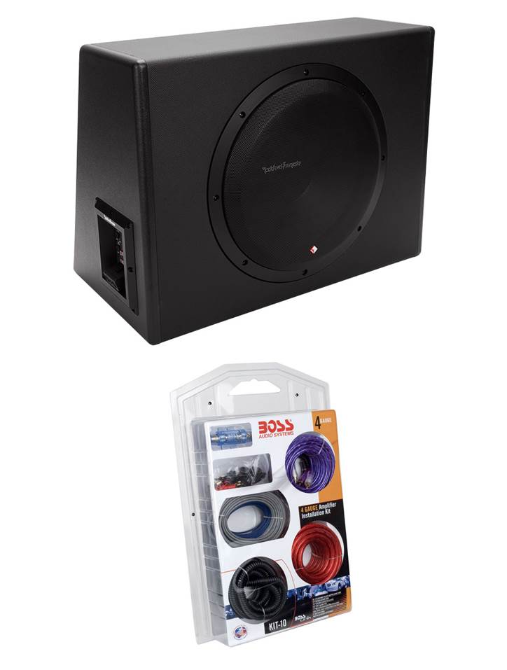 Rockford Fosgate P300-12 12" 300W Powered Subwoofer Enclosure + 4 Gauge Amp Kit