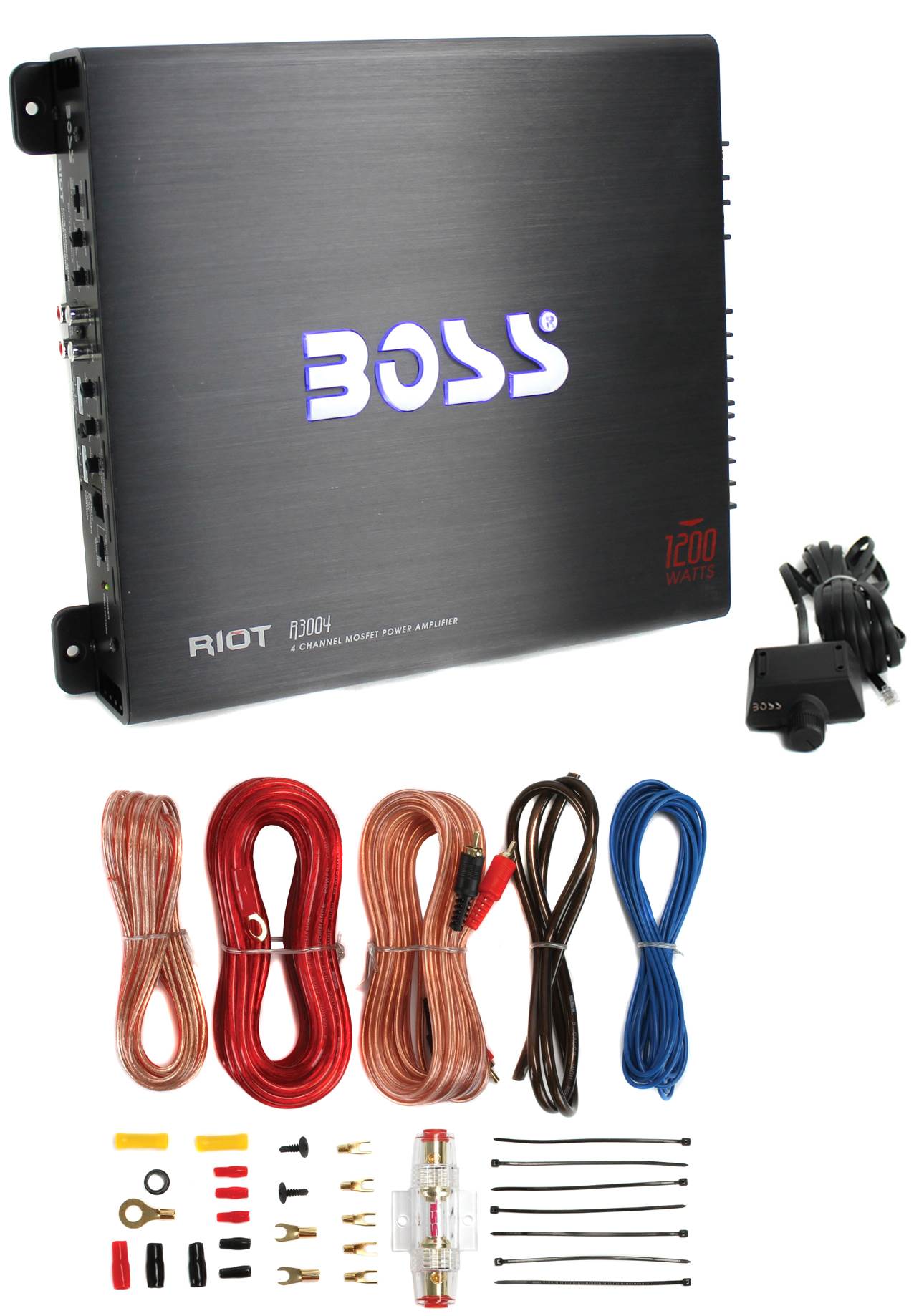 Boss R3004 1200W 4 Channel Car Audio Amplifier Amp & Remote & 8 Gauge Amp Kit