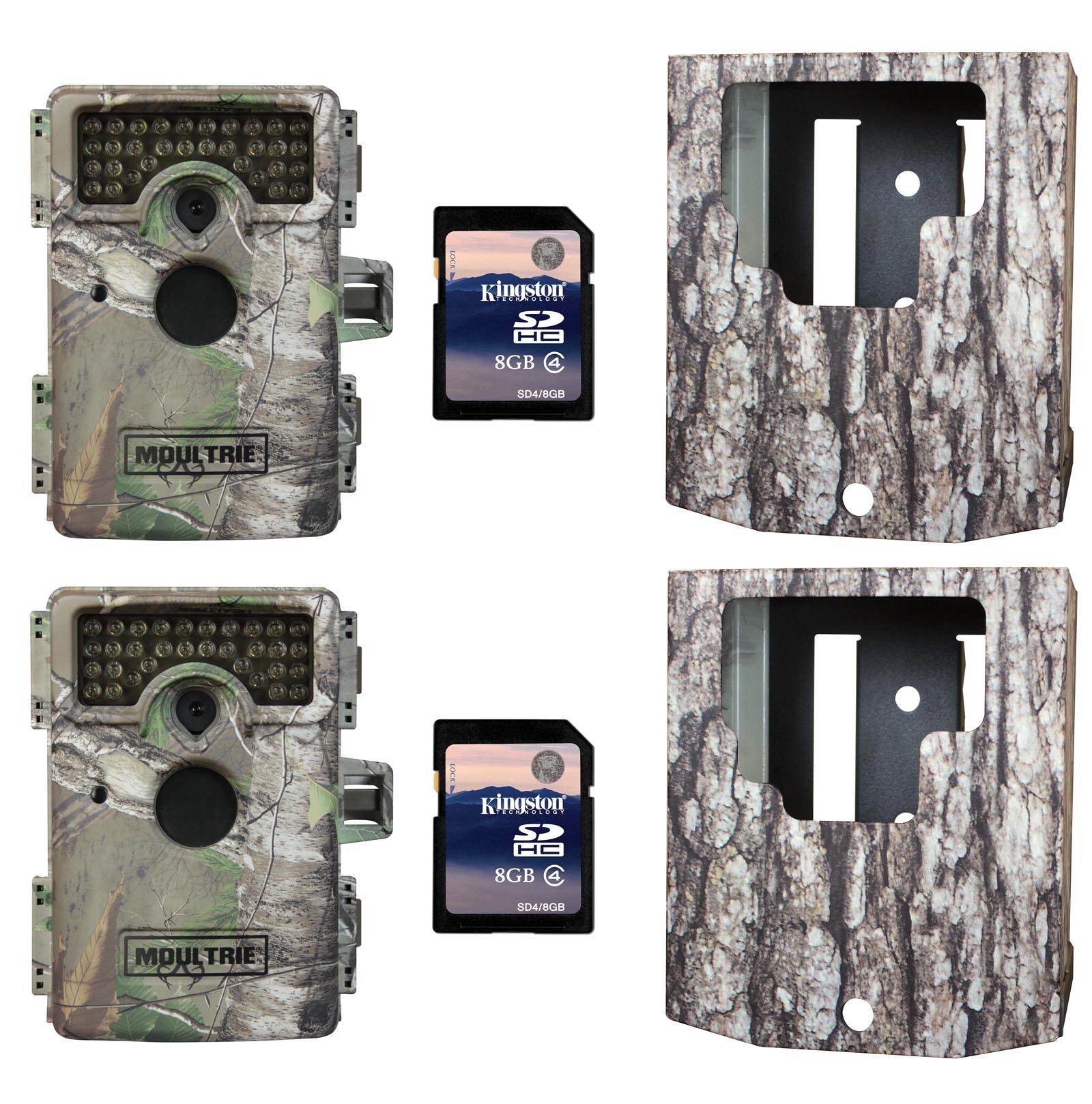 (2) MOULTRIE M-1100i No Glow Infrared Game Cameras + Security Boxes & SD Cards