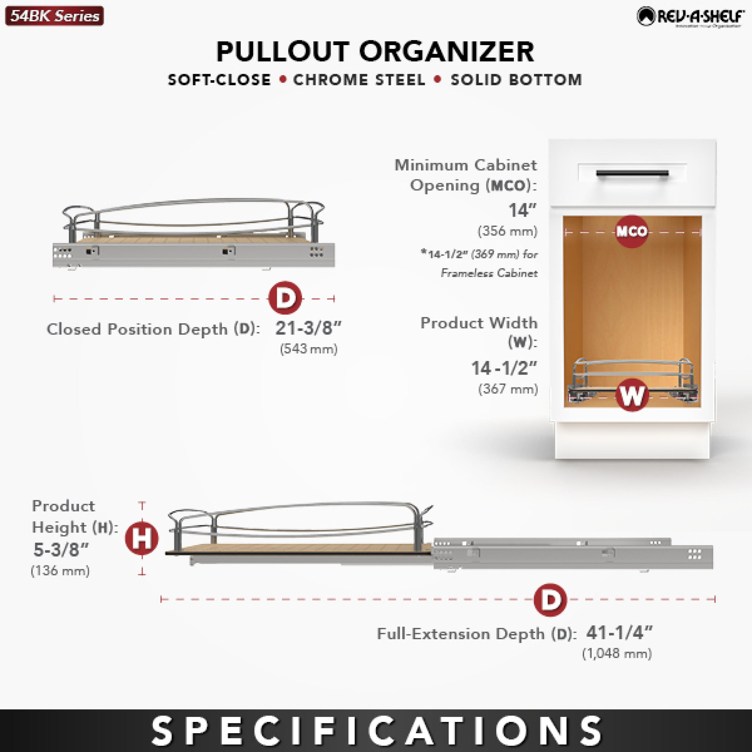 Rev-A-Shelf Solid Bottom Pullout Base Soft-close Cabinet Organizer, 54BK-15SC-1