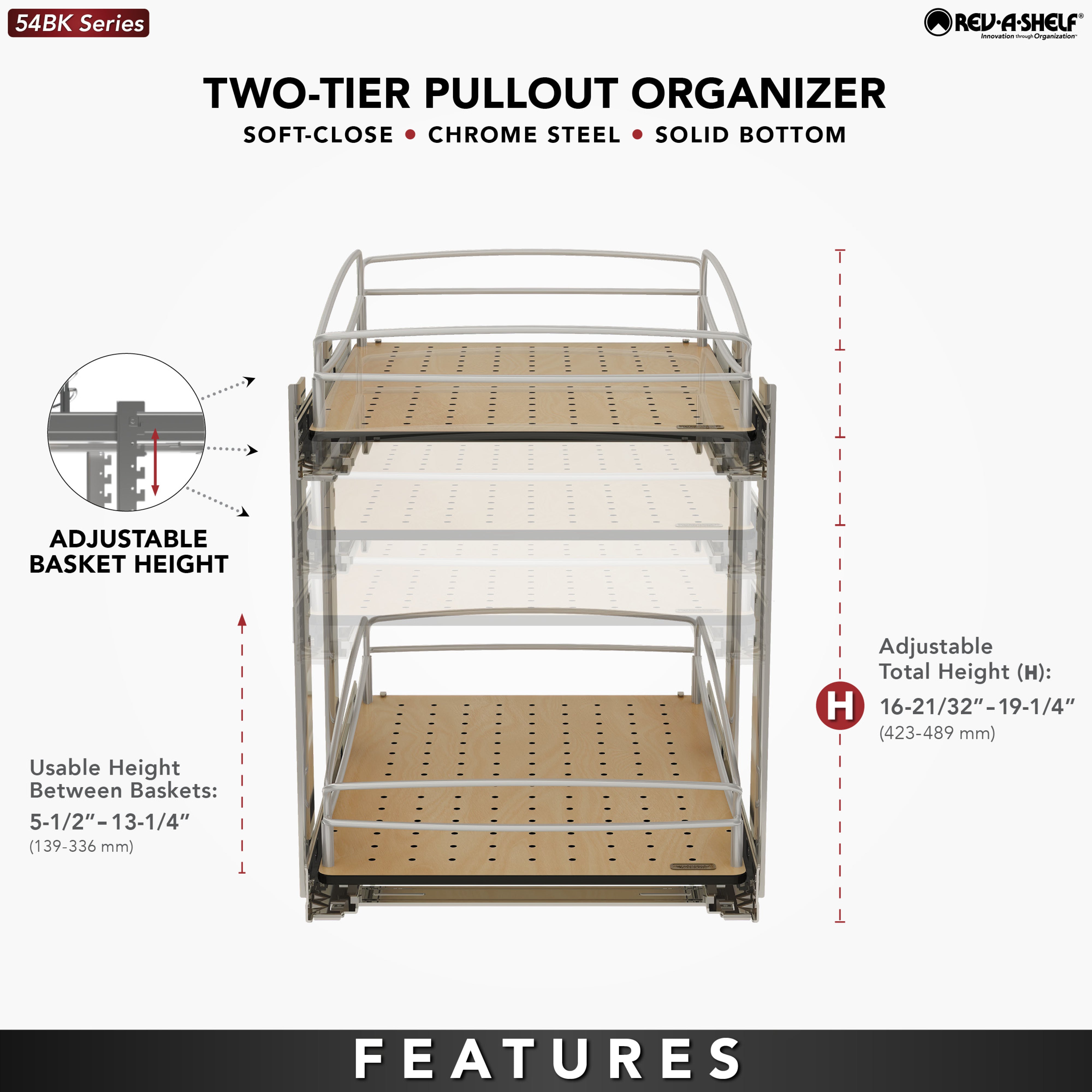 Rev-A-Shelf Two-Tier Solid Bottom Pullout Base Cabinet Organizer, 54BK-12SC-2-1