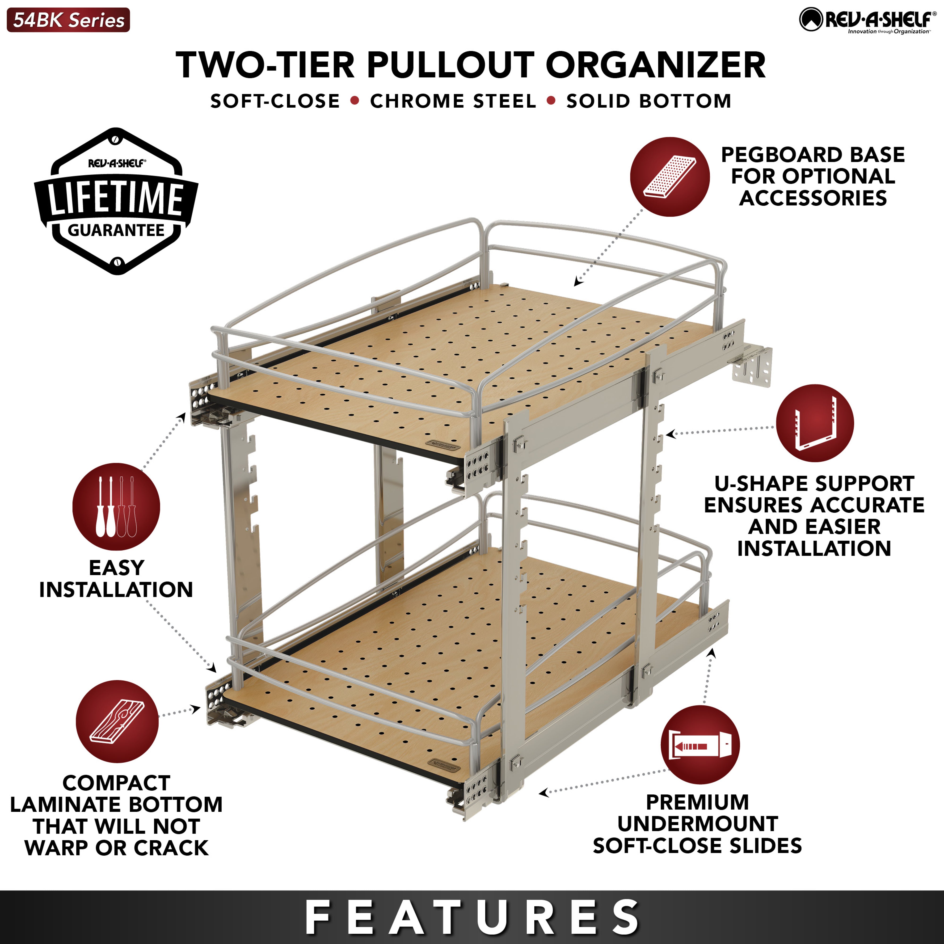 Rev-A-Shelf Two-Tier Solid Bottom Pullout Base Cabinet Organizer, 54BK-15SC-2-1