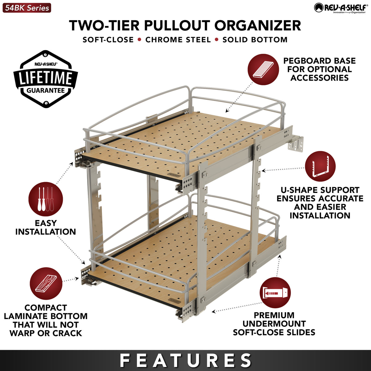 Rev-A-Shelf Two-Tier Solid Bottom Pullout Base Cabinet Organizer, 54BK-15SC-2-1