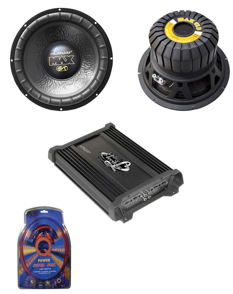 Lanzar 12" 2000W Car Subwoofers (2 Pack), 2 Channel Amplifier, & 4 Gauge Amp Kit