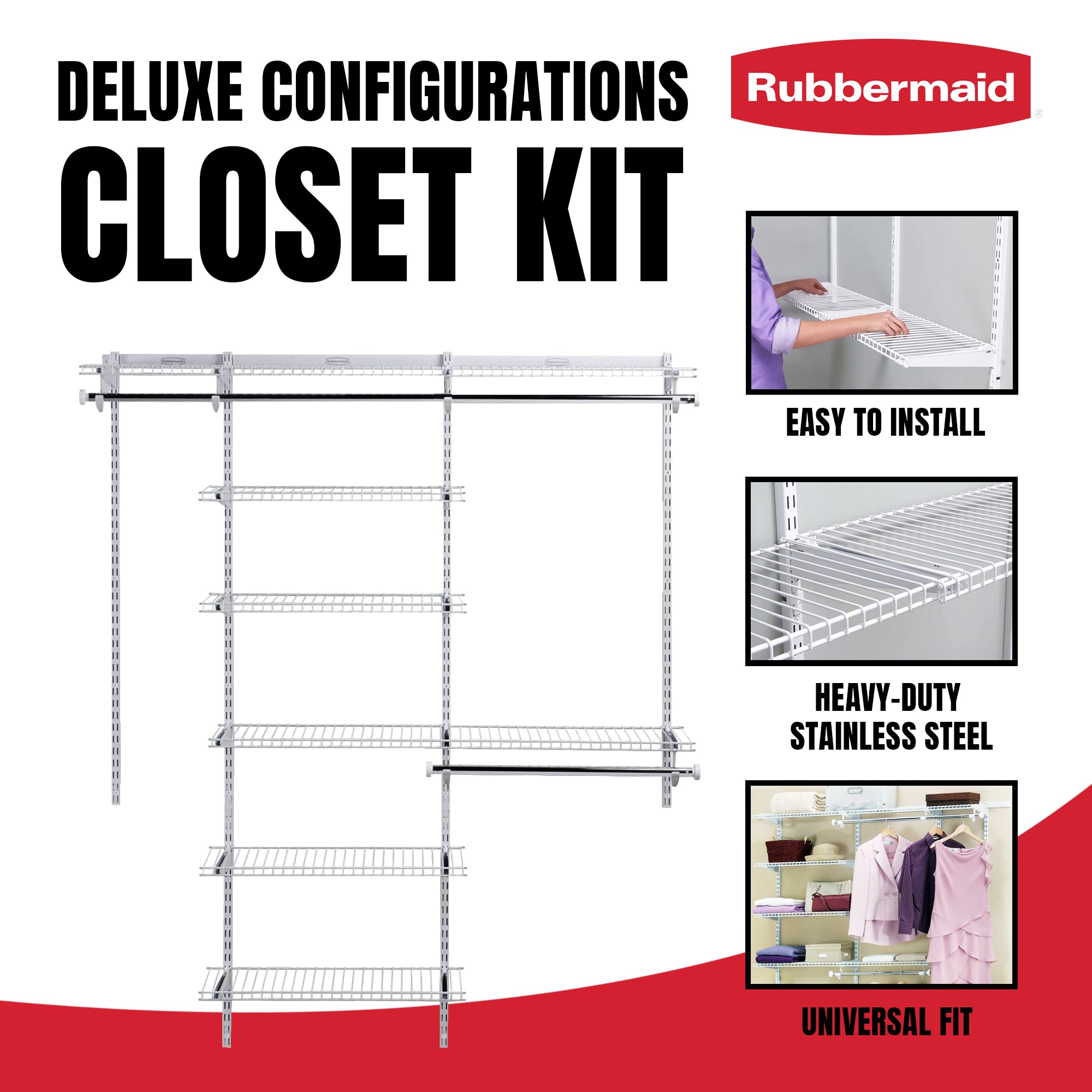 Rubbermaid 3-6 Feet Custom DIY Closet Organizer Deluxe Kit, White (For Parts)