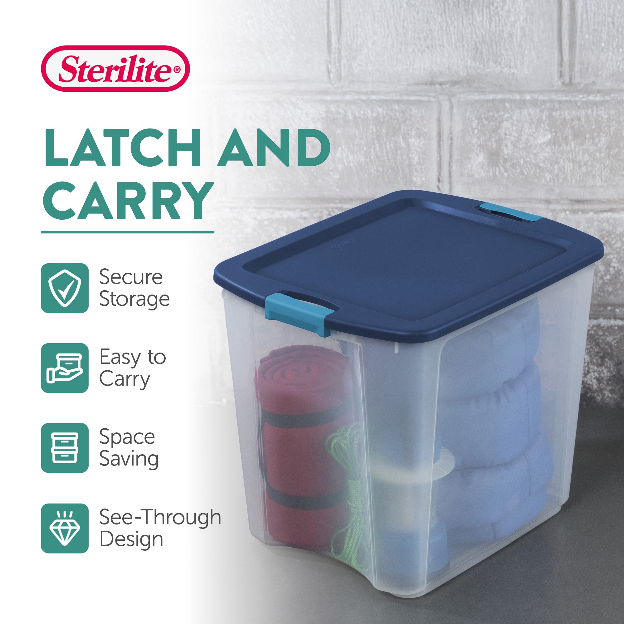 Sterilite 26 Gal Latch and Carry Stackable Storage Bin with Latching Lid, 4 Pack - VMInnovations