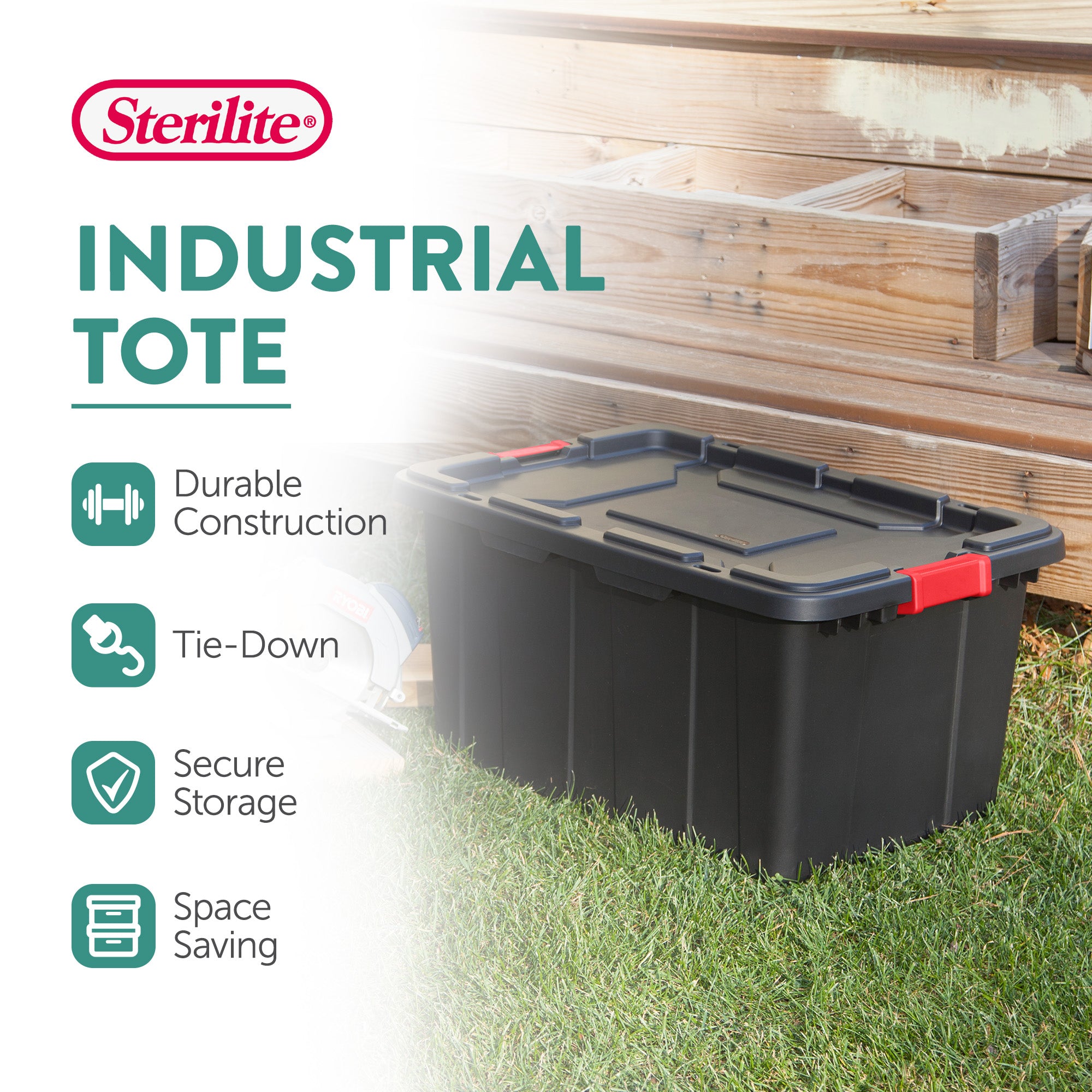 Sterilite 27 Gallon Durable Rugged Industrial Tote w/Red Latches, Black (8 Pack) - VMInnovations