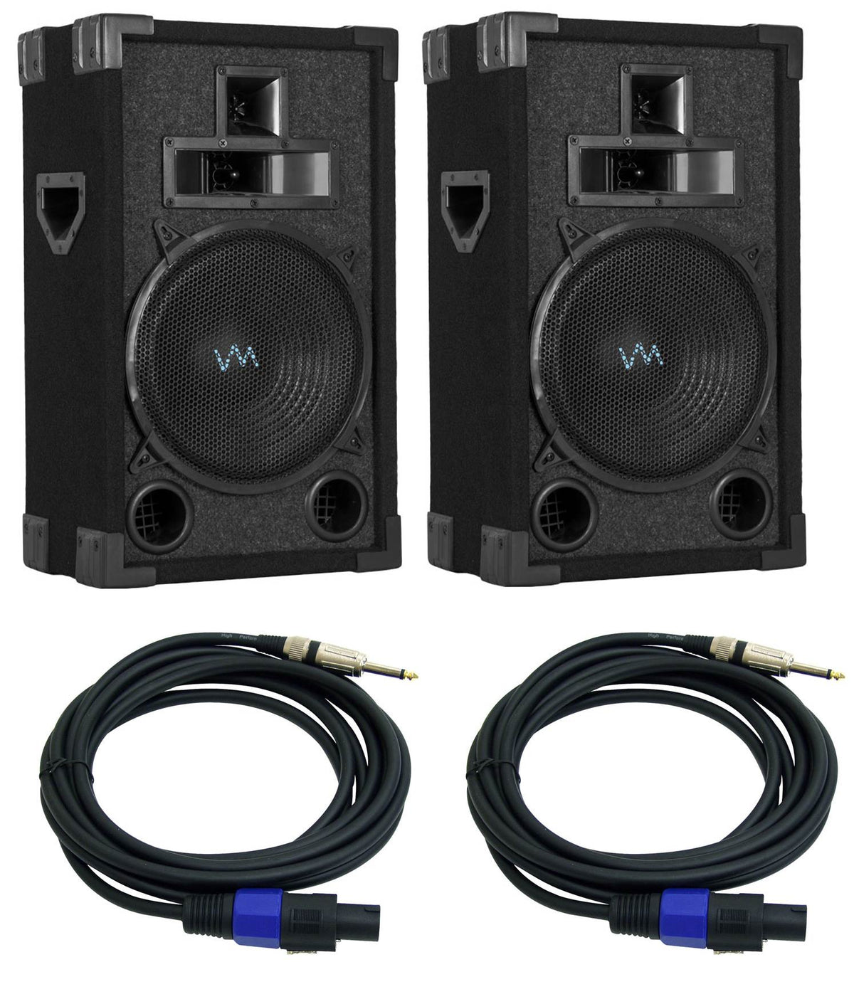 2) VM Audio VAS310P 1200W 3 Way 10" DJ Passive Loud Speakers + 2) 15 FT Cables