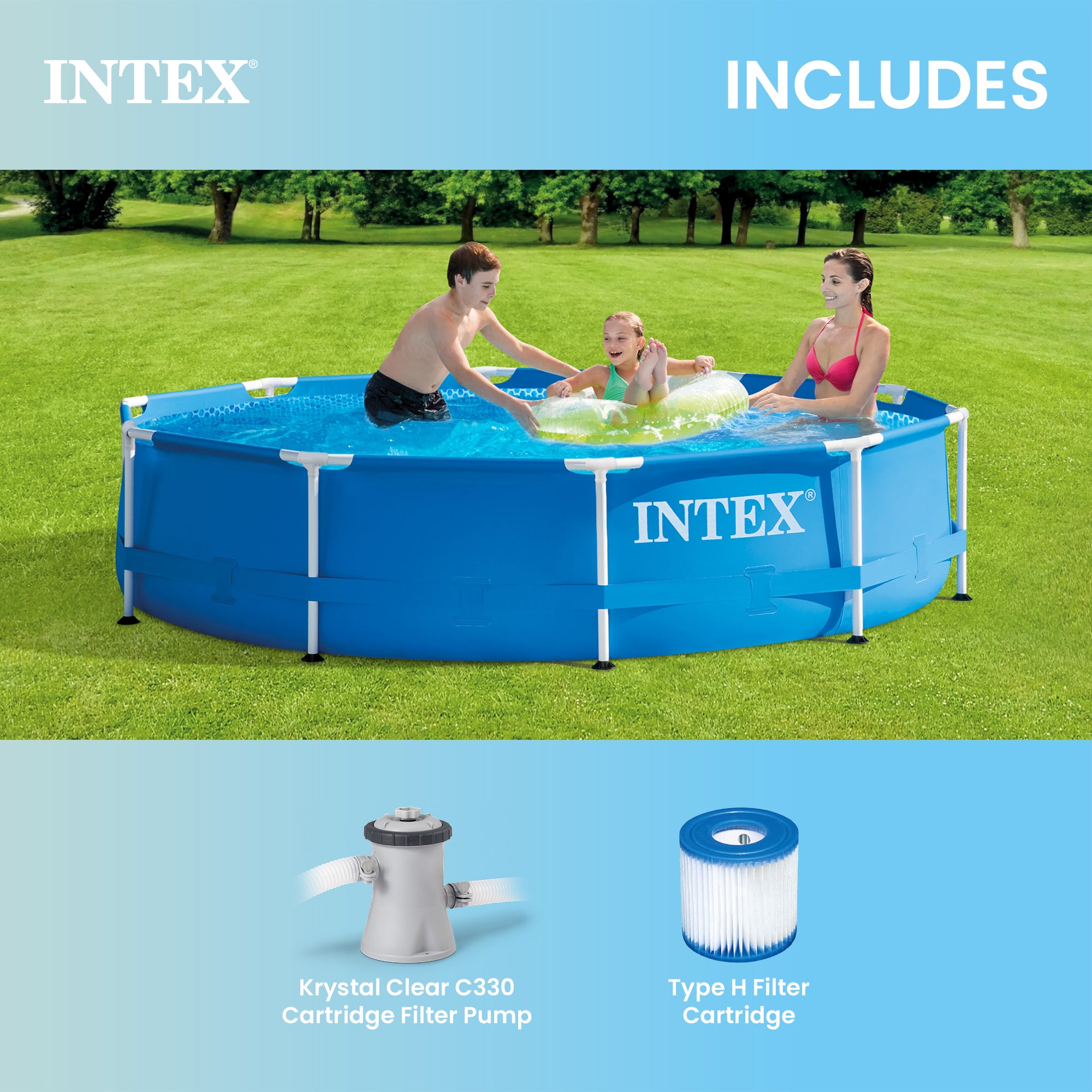 INTEX Metal Frame 10' x 30" Outdoor Swimming Pool with Filter Pump and Cover