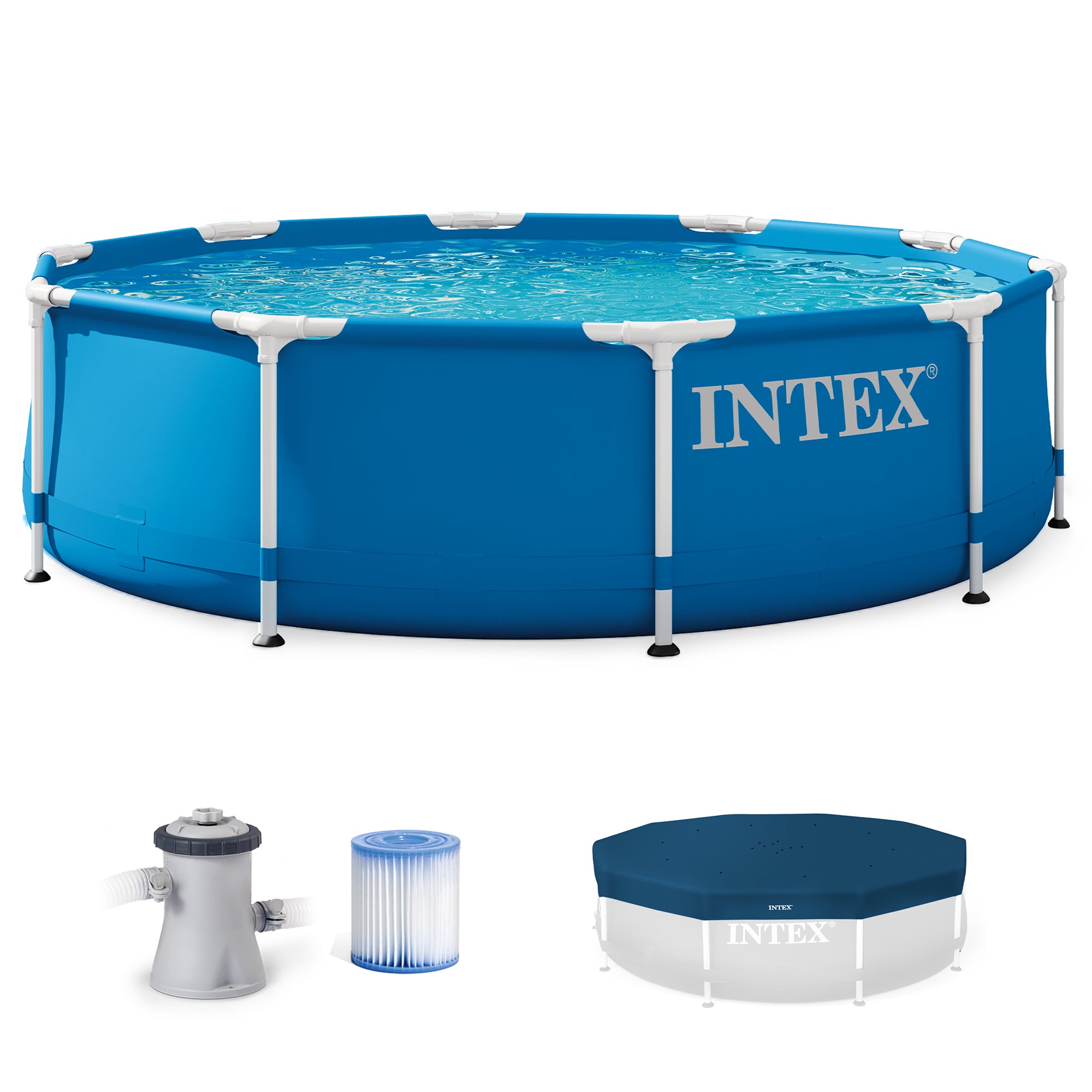 INTEX Metal Frame 10' x 30" Outdoor Swimming Pool with Filter Pump and Cover