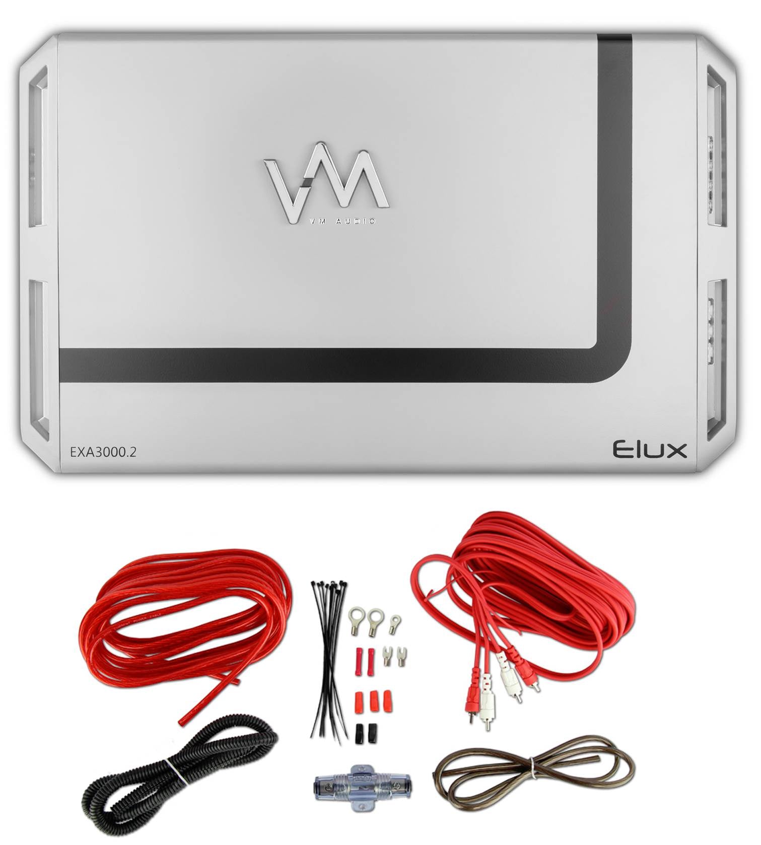 VM Audio EXA3000.2 3000W 2 Channel Car Amplifier Amp + Red 8 Gauge Wiring Kit