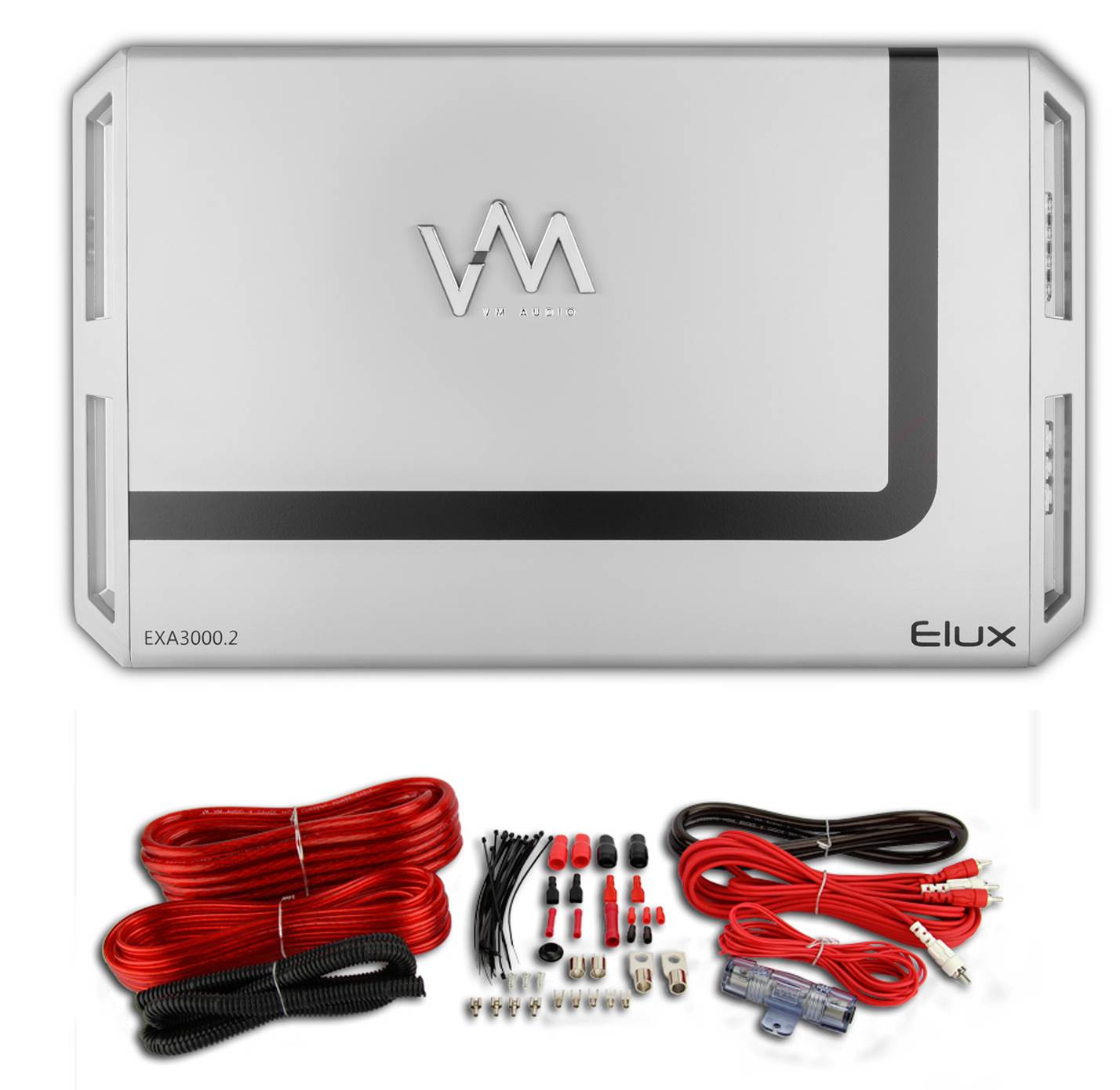 VM Audio EXA3000.2 3000W 2 Channel Car Amplifier Amp + Red 4 Gauge Wiring Kit