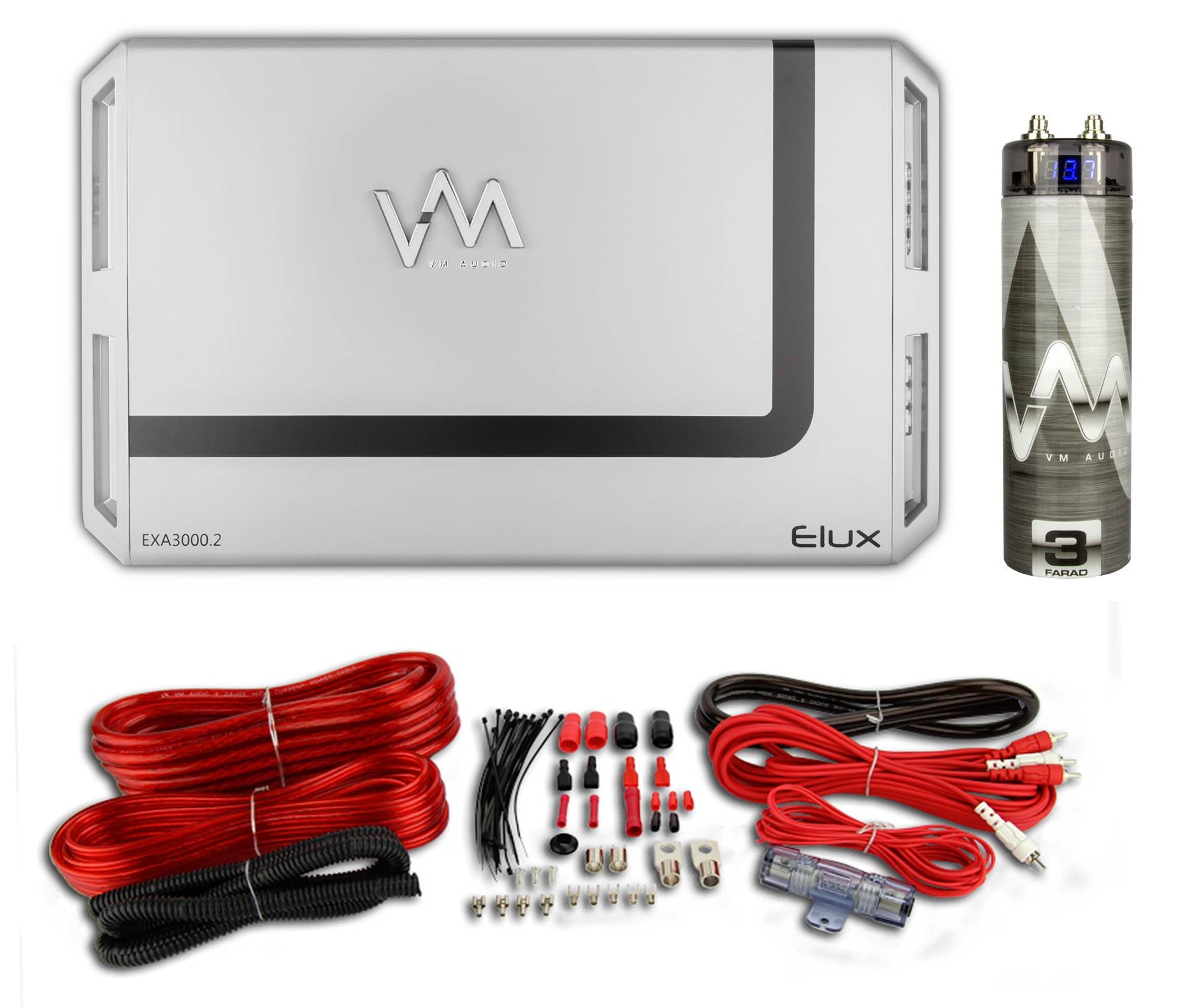 VM Audio EXA3000.2 3000W 2 Channel Amp + Red 4 Gauge Wiring Kit + 3.0 Capacitor