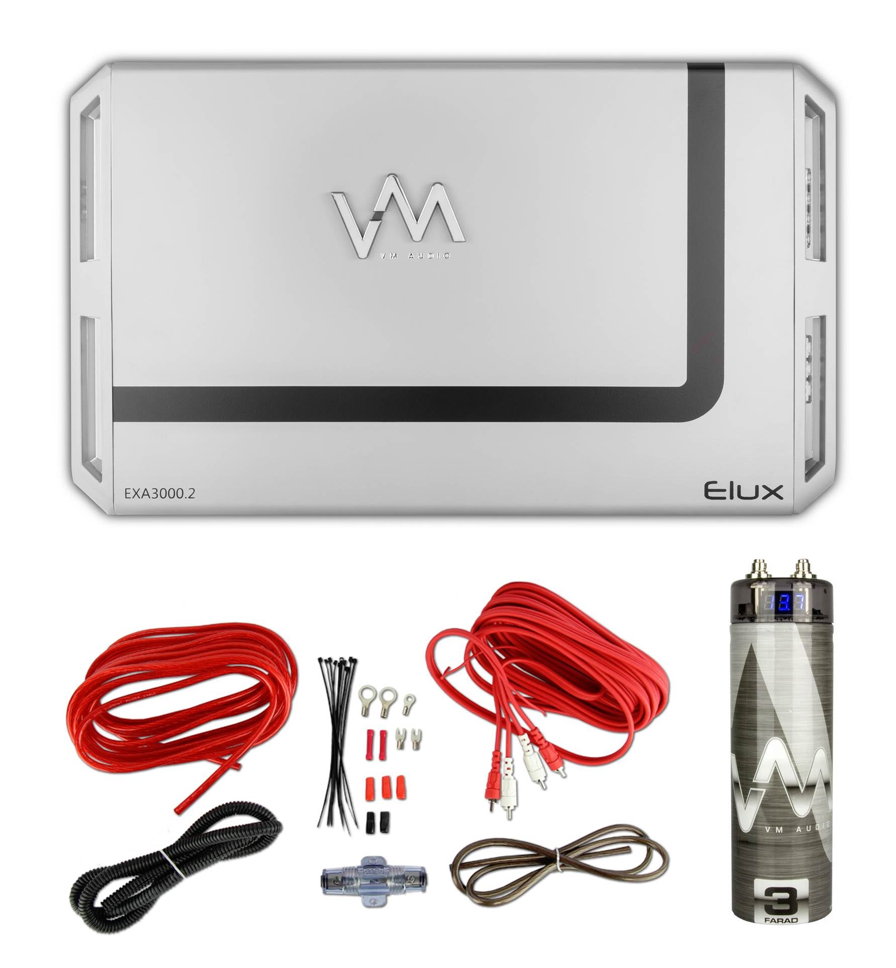VM Audio Elux 3000W 2 Channel Car Amp + Red 8 Gauge Wiring Kit+ 3.0 Capacitor
