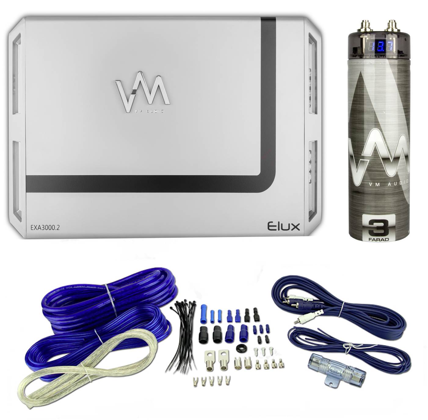 VM Audio 3000W 2 Channel Car Amp + Blue 4 Gauge Wiring Kit + 3.0 Farad Capacitor
