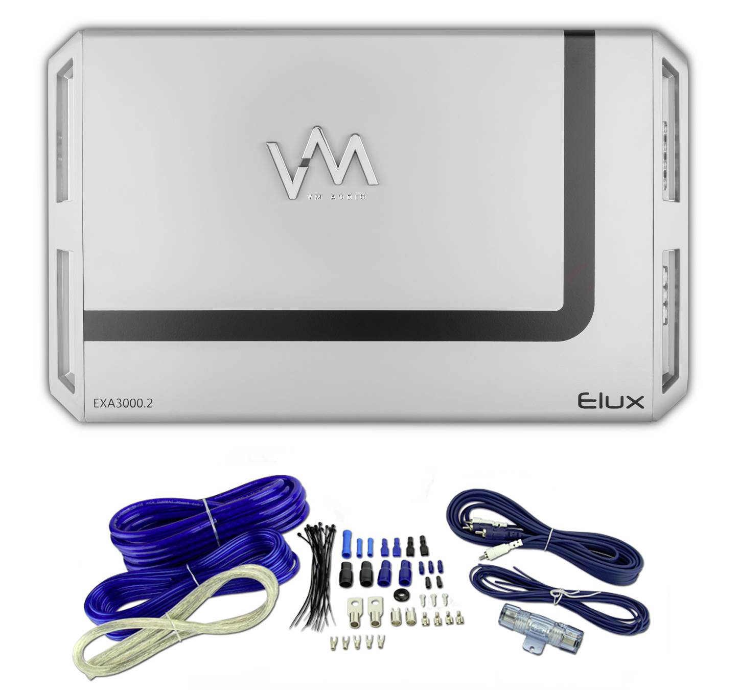 VM Audio 3000W 2 Channel Car Amp + Blue 4 Gauge Wiring Kit + 3.0 Farad Capacitor