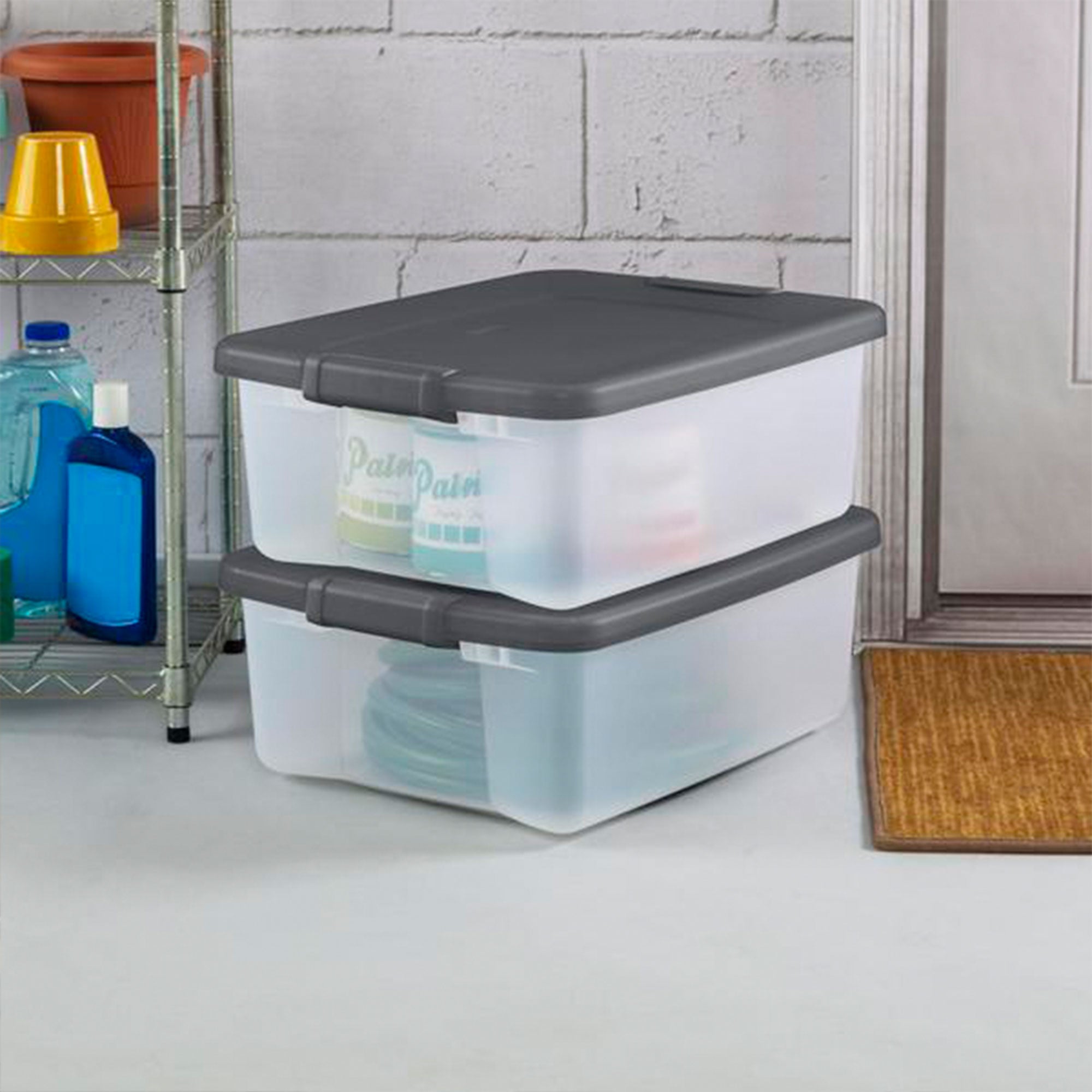 Sterilite 19368606 25 Qt. Shelf Tote Driftwood Lid Clear Base w/Platinum Latches