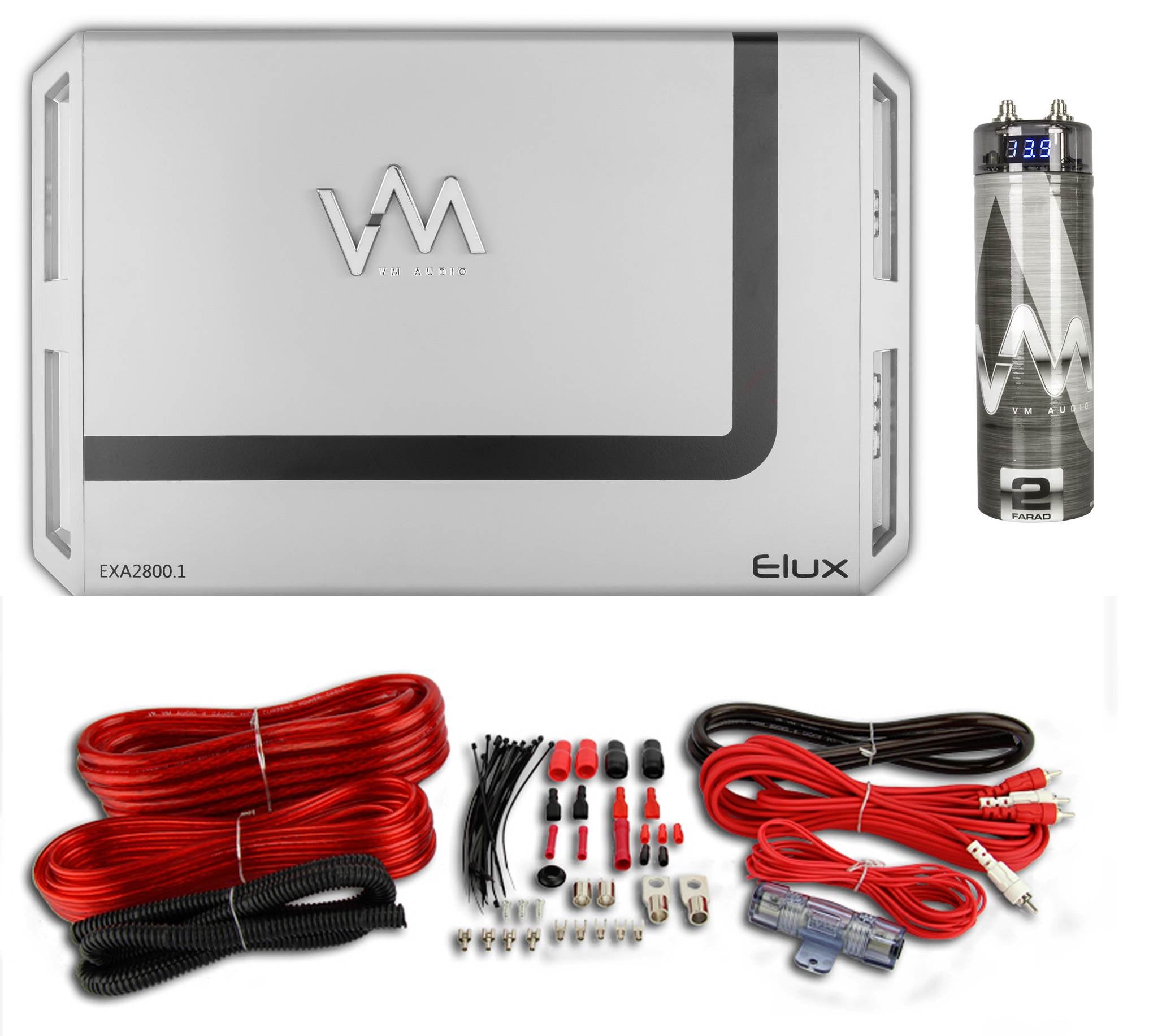 VM Audio EXA2800.1 2800W Mono Amplifier + 4 Gauge Red Wiring Kit + 2.0 Capacitor