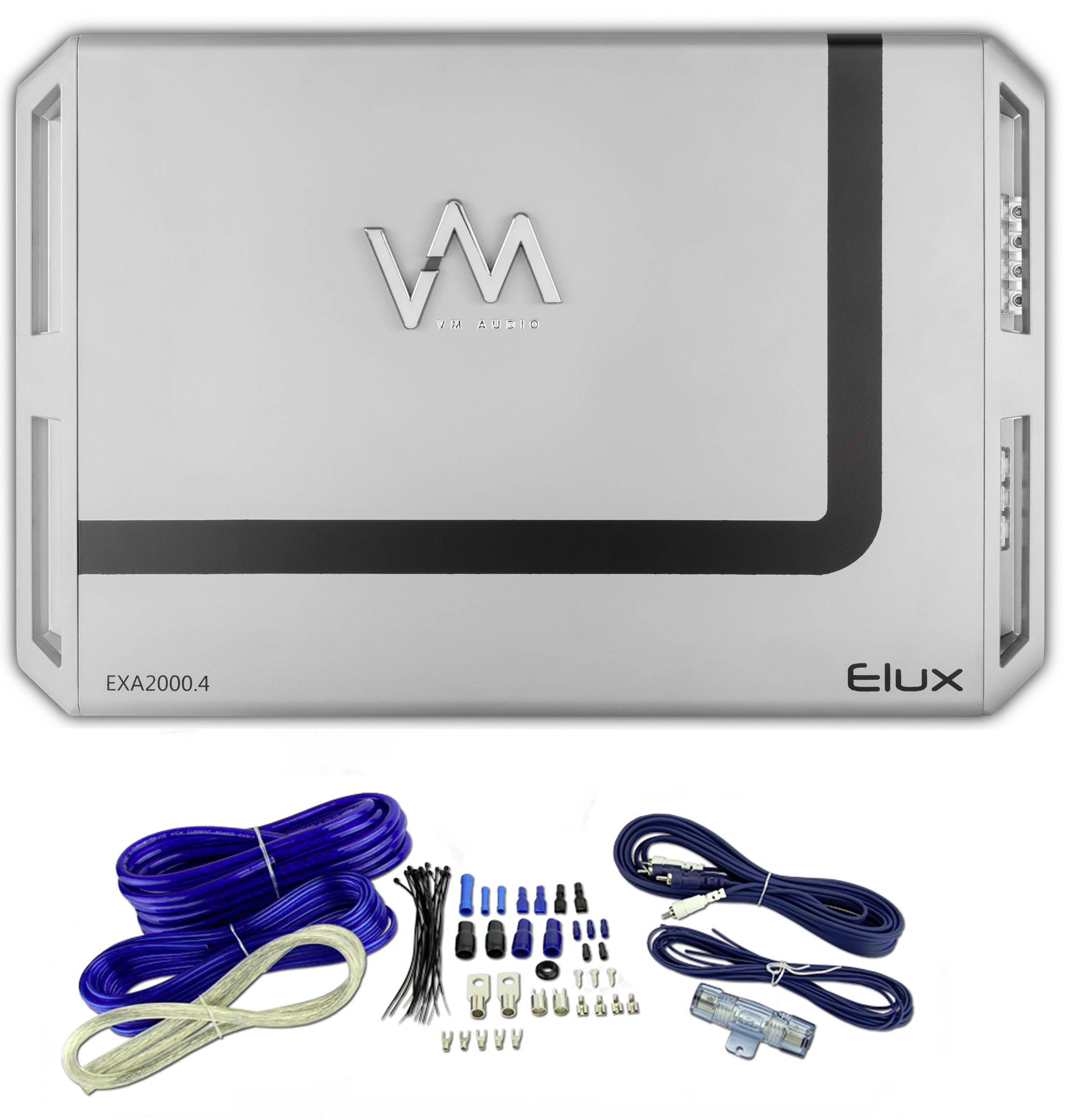 New VM Audio EXA2400.2 2400W 2 Channel Car Amplifier + 4 Gauge Blue Wiring Kit