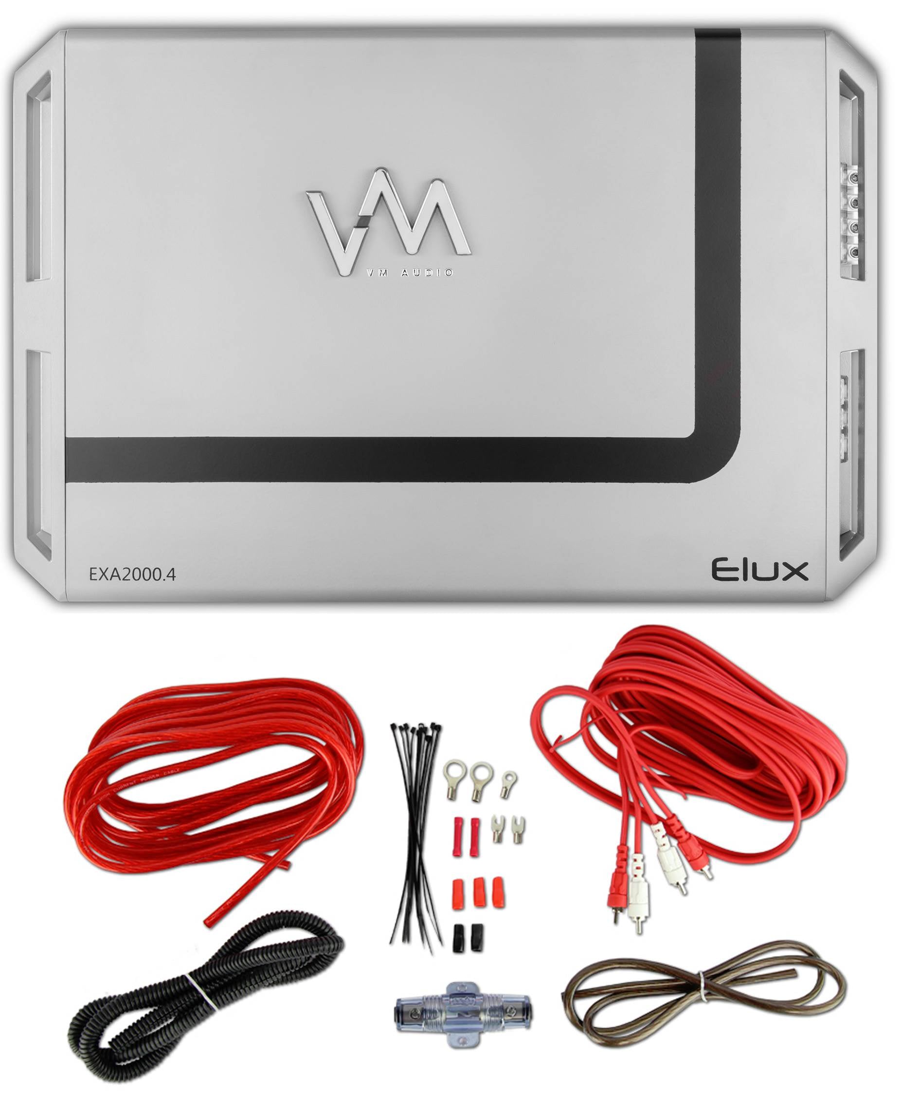 New VM Audio EXA2400.2 2400W 2 Channel Car Amplifier + 8 Gauge Red Wiring Kit