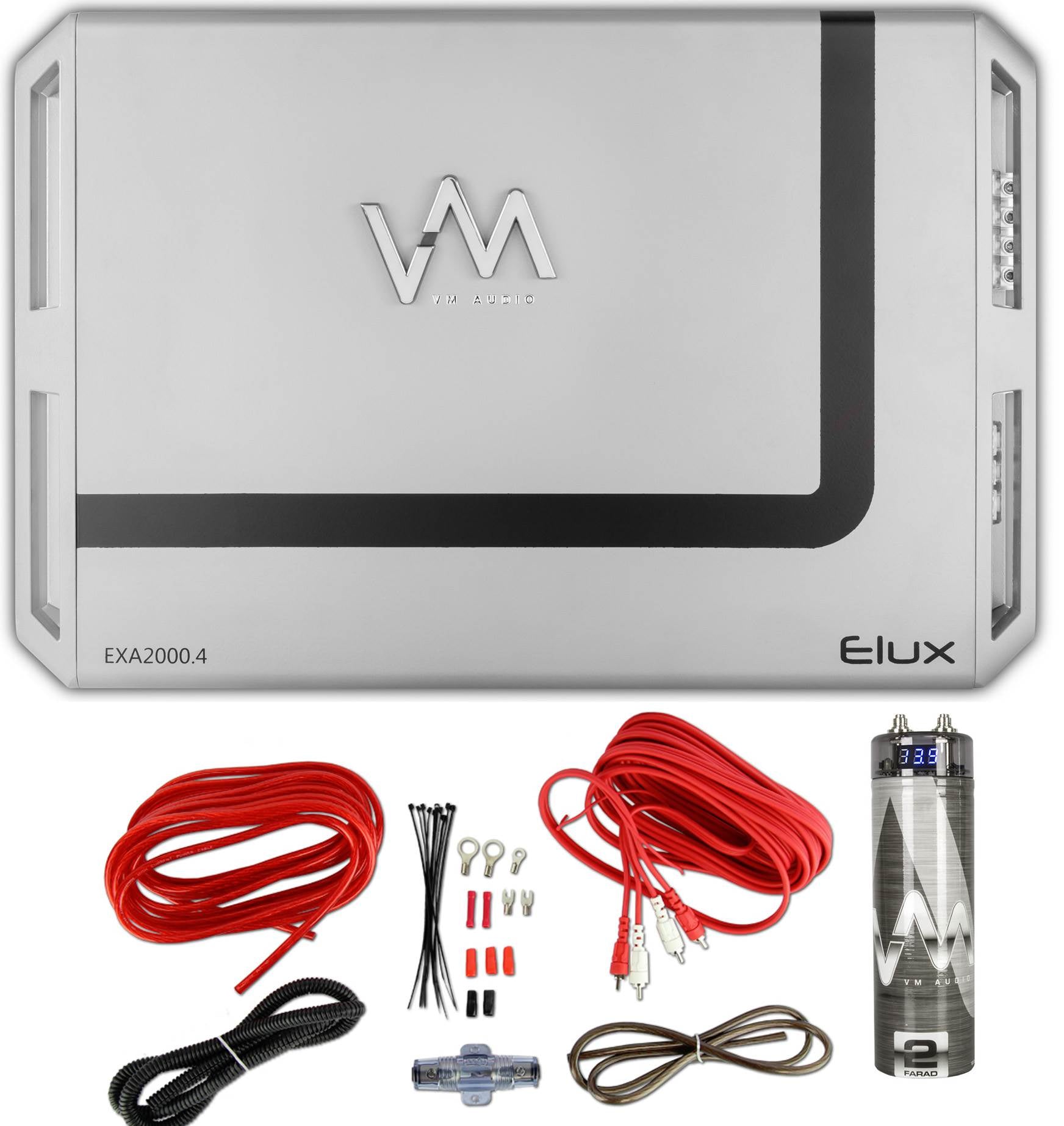 VM Audio EXA2400.2 2400W 2 Channel Amp + 8 Gauge Red Wiring Kit + 2.0 Capacitor