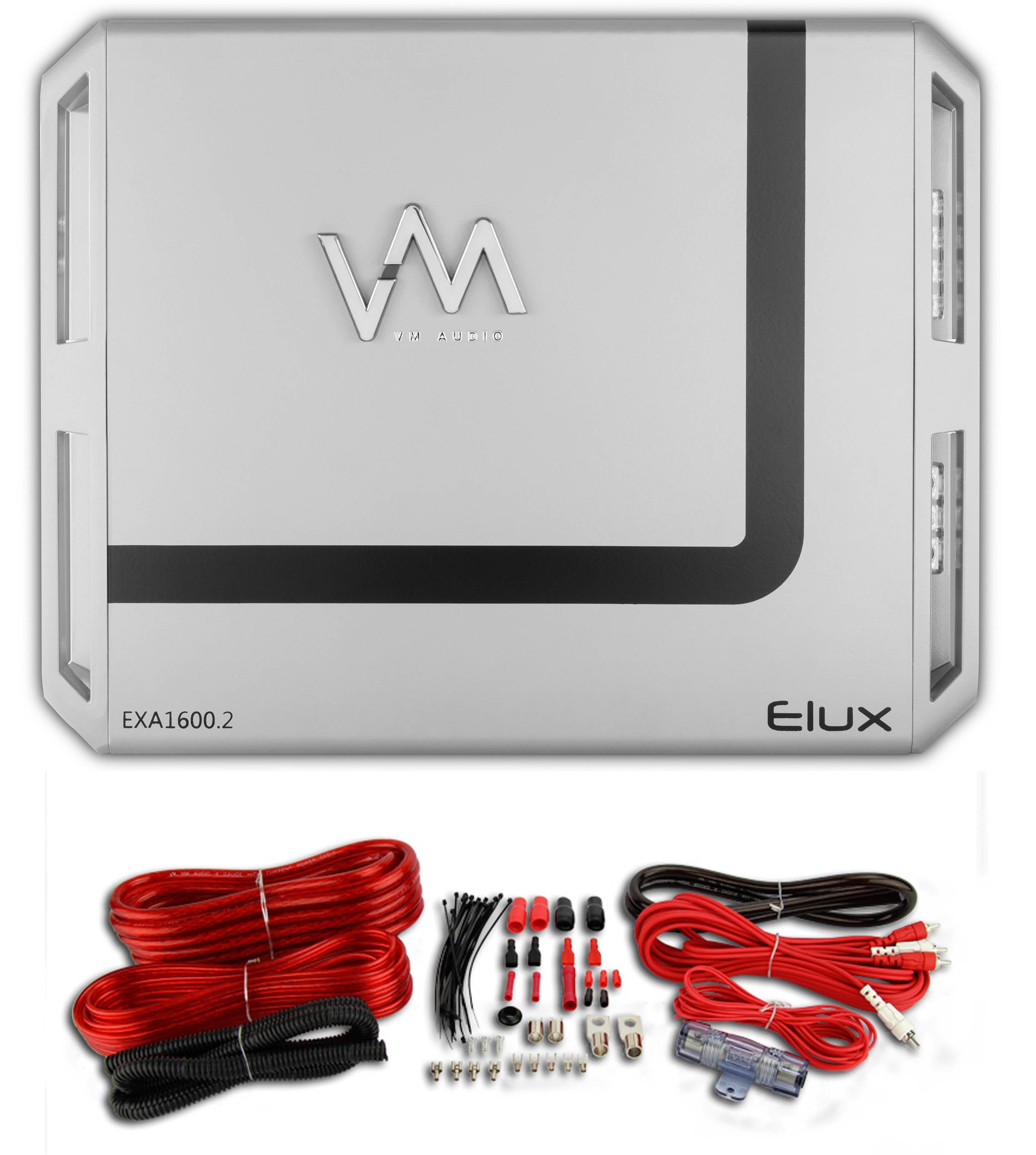 New VM Audio EXA1600.2 1600W 2 Channel Car Amplifier + 4 Gauge Red Wiring Kit