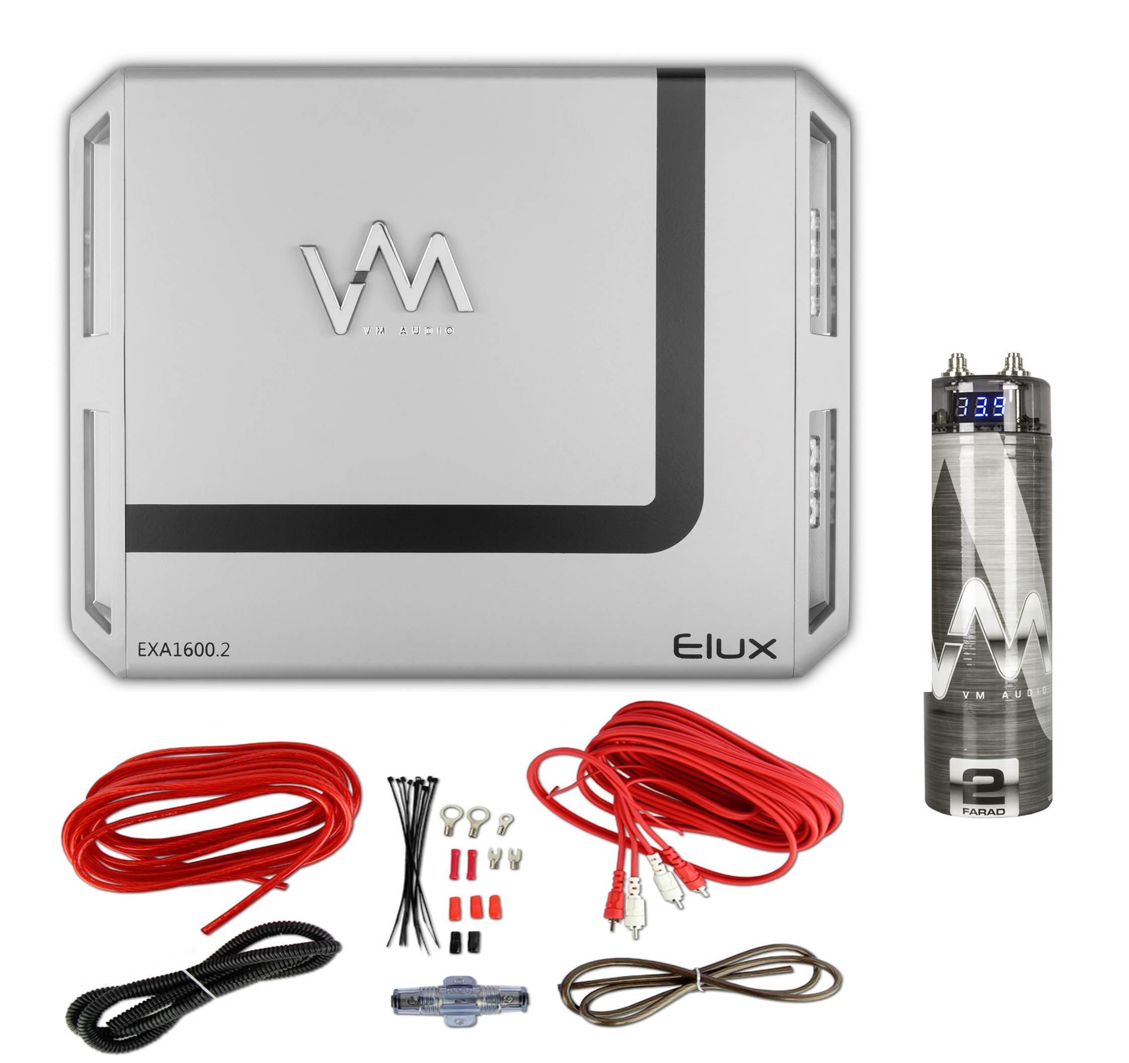 New VM Audio EXA1600.2 1600W 2 Channel Amp + 8 Gauge Red Wiring Kit + Capacitor