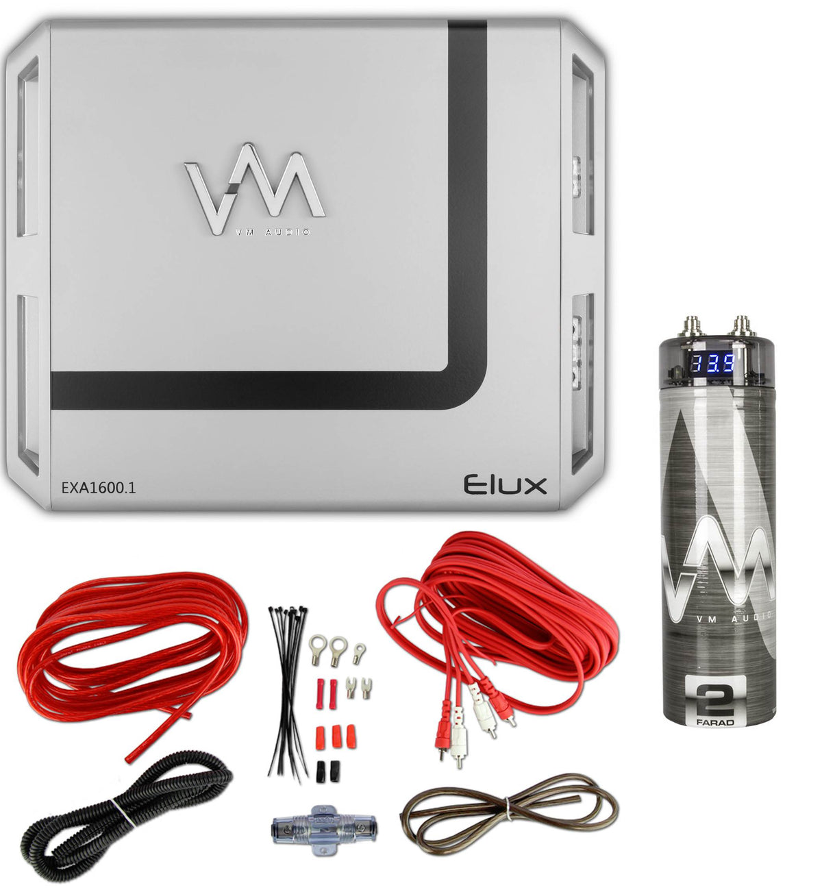 VM Audio EXA1600.1 1600W Mono Car Amp + Red 8 Gauge Wiring Kit + 2.0 Capacitor