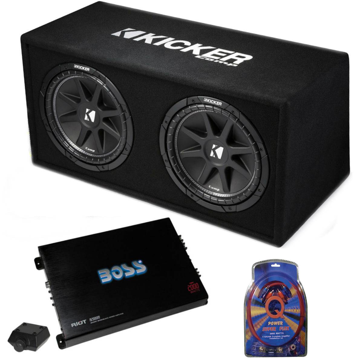 Kicker 12" 600W Car Subwoofer Enclosure and Boss Mono Amplifier w/ Wiring Kit