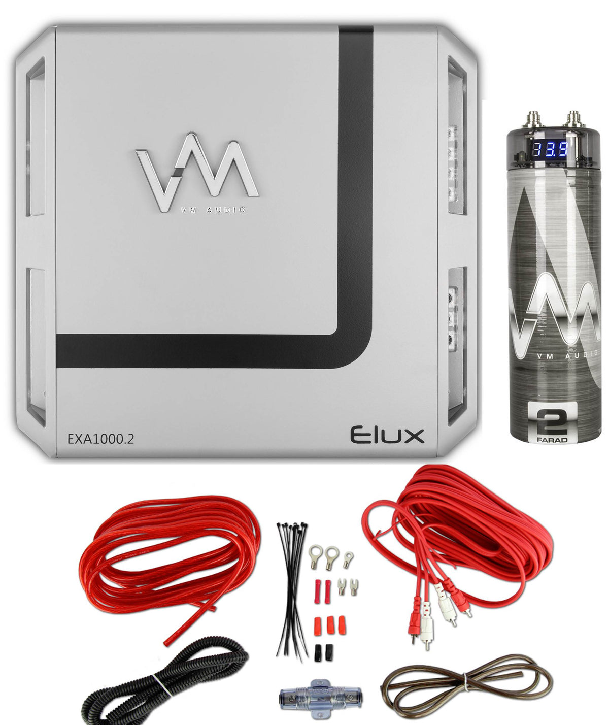 VM Audio Elux EXA1000.2 1000W 2 Channel Amp + 8 Gauge Red Wiring Kit + Capacitor
