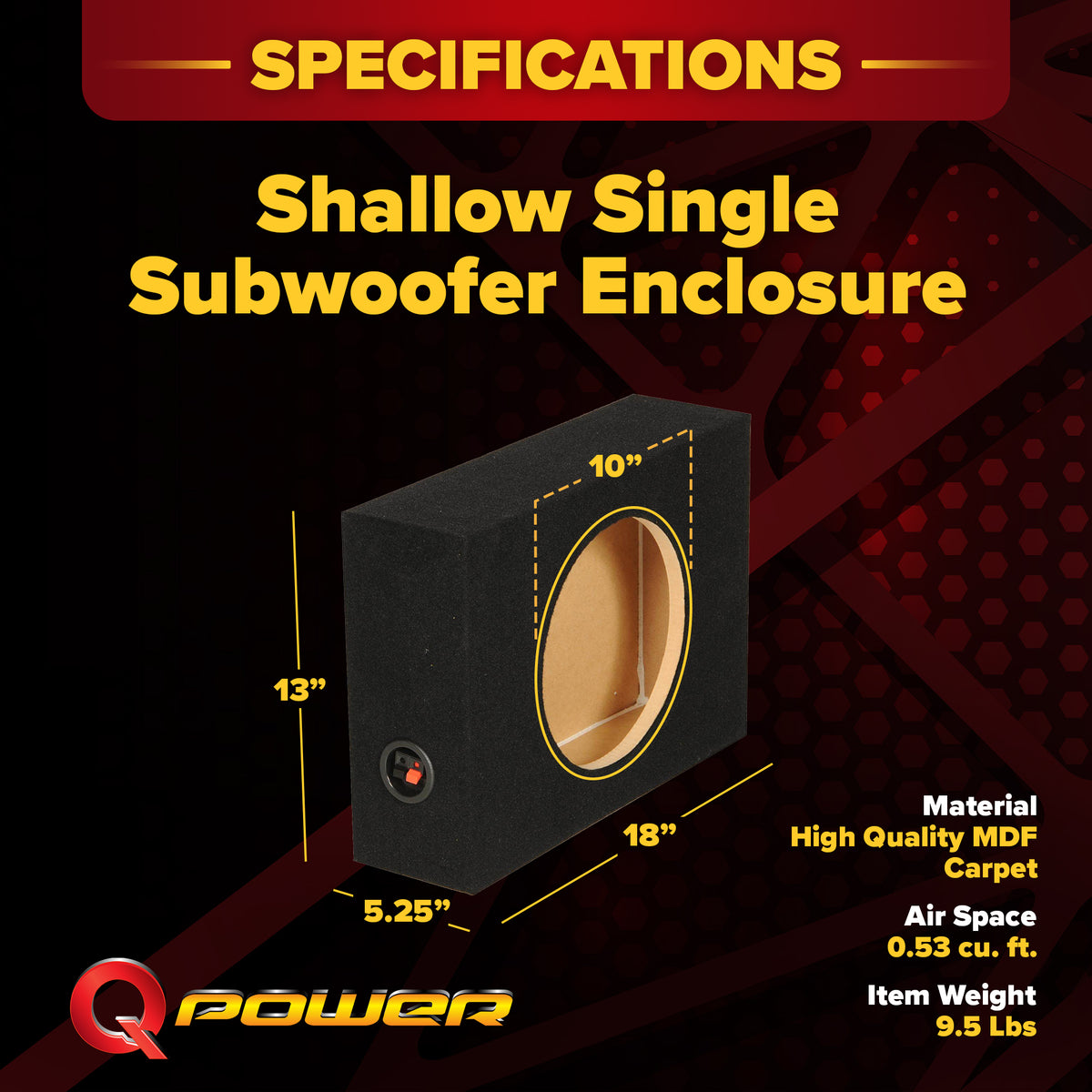 QPower Shallow Single 10" Sealed Truck Subwoofer Speaker Box, 18" x 13" x 5.25"